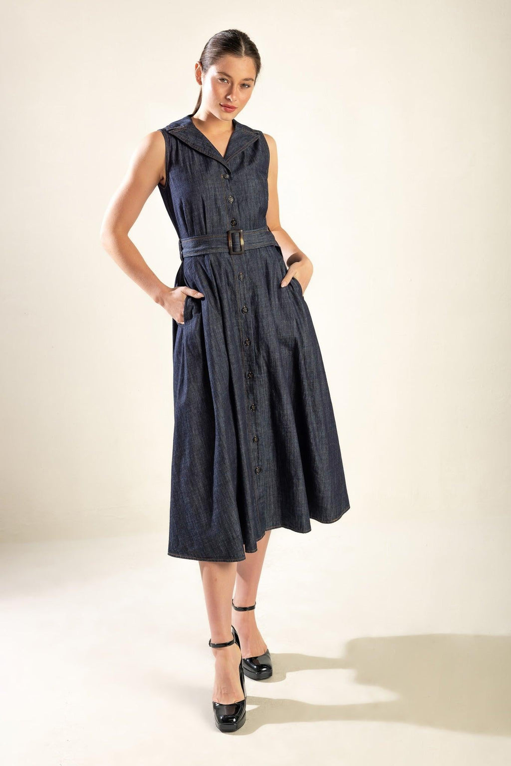 OASIS OF CALM RIGID DENIM MIDI DRESS