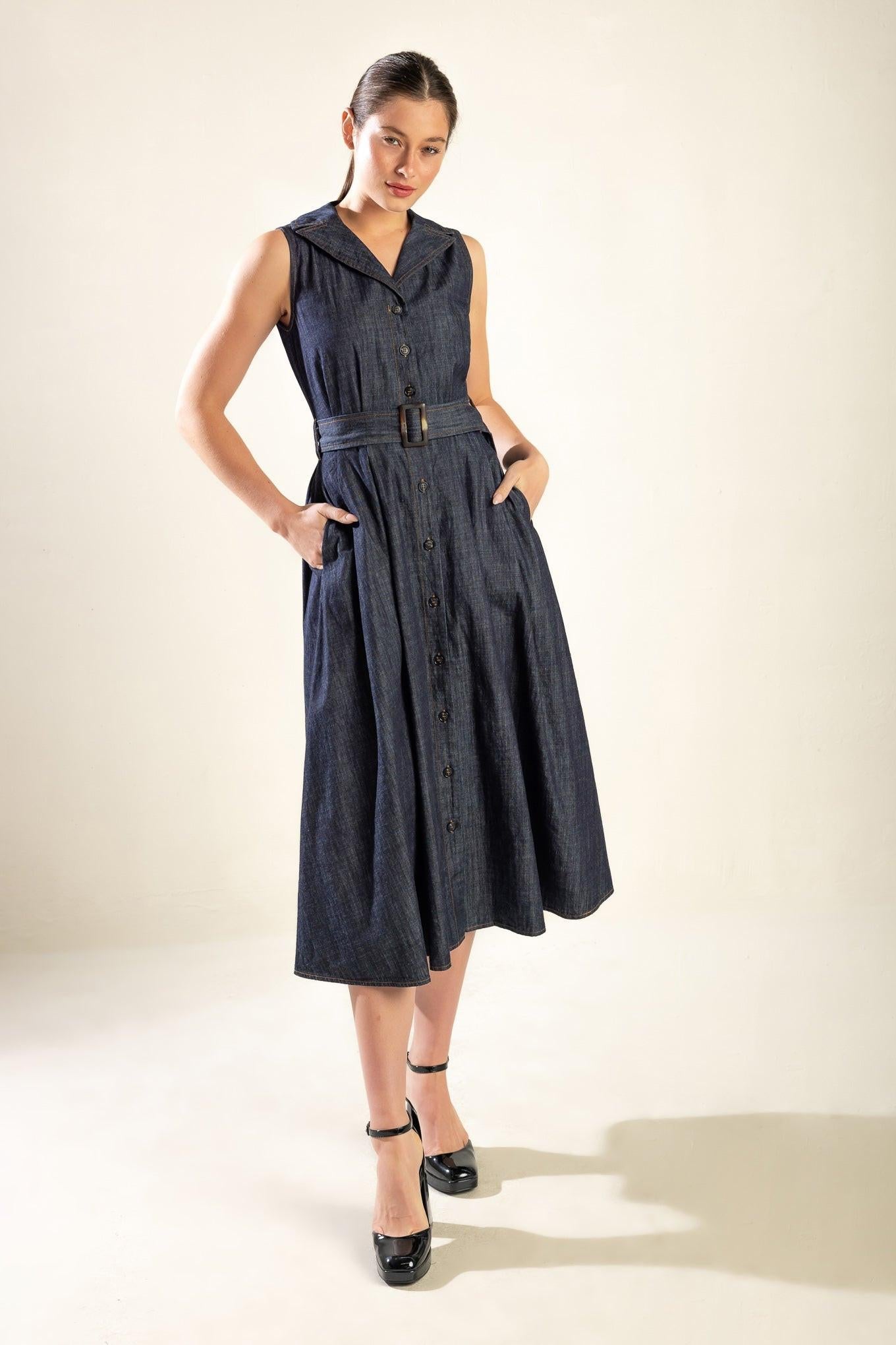 OASIS OF CALM RIGID DENIM MIDI DRESS