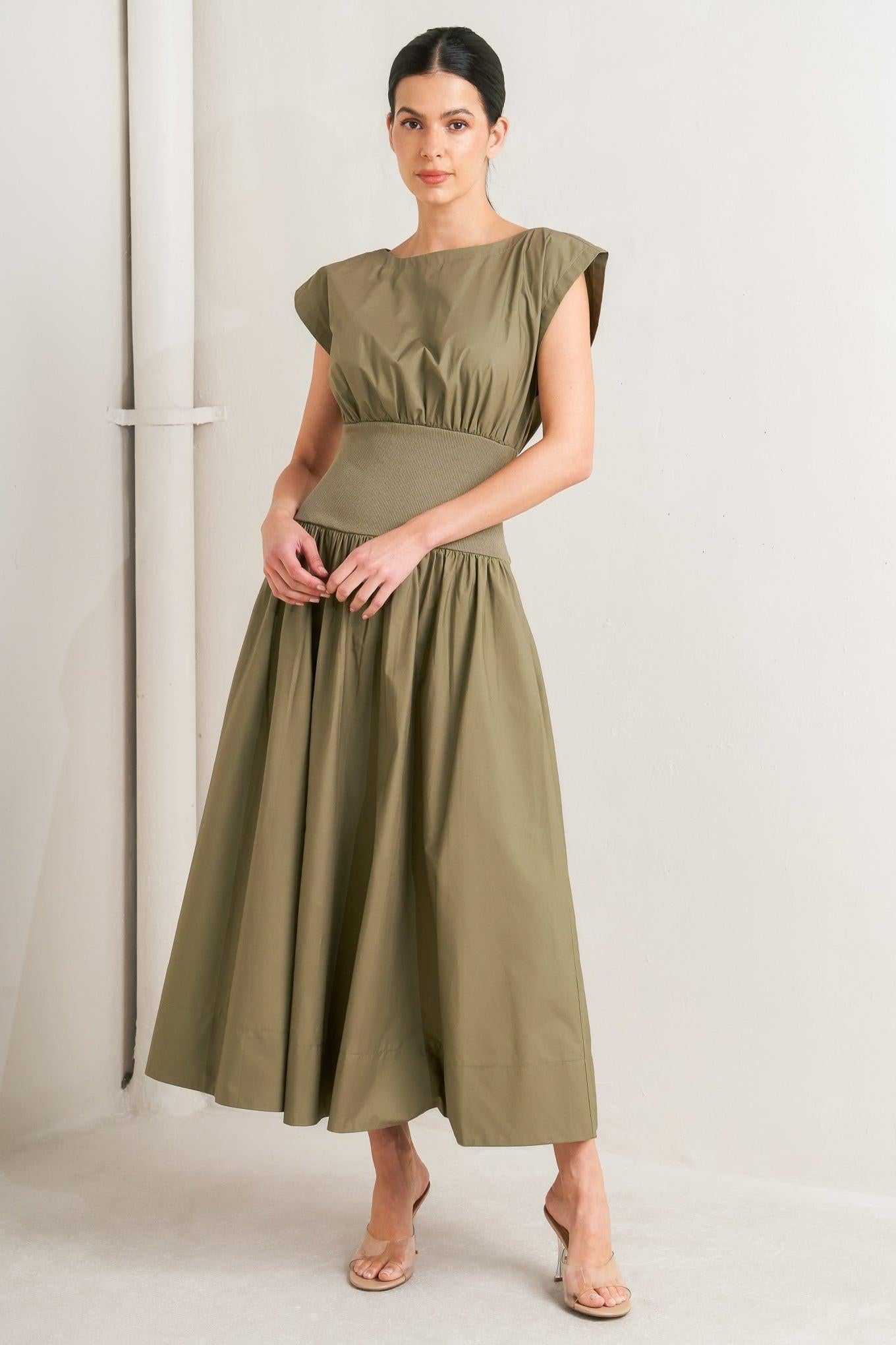 DREAMWEAVER ROMANTIC OLIVE WOVEN MIDI DRESS