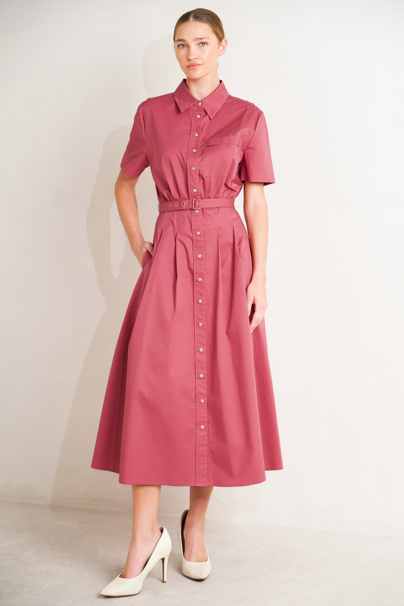 CINCHED COUTURE WOVEN MIDI DRESS