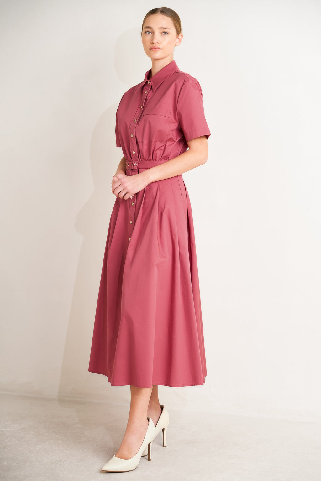 CINCHED COUTURE WOVEN MIDI DRESS