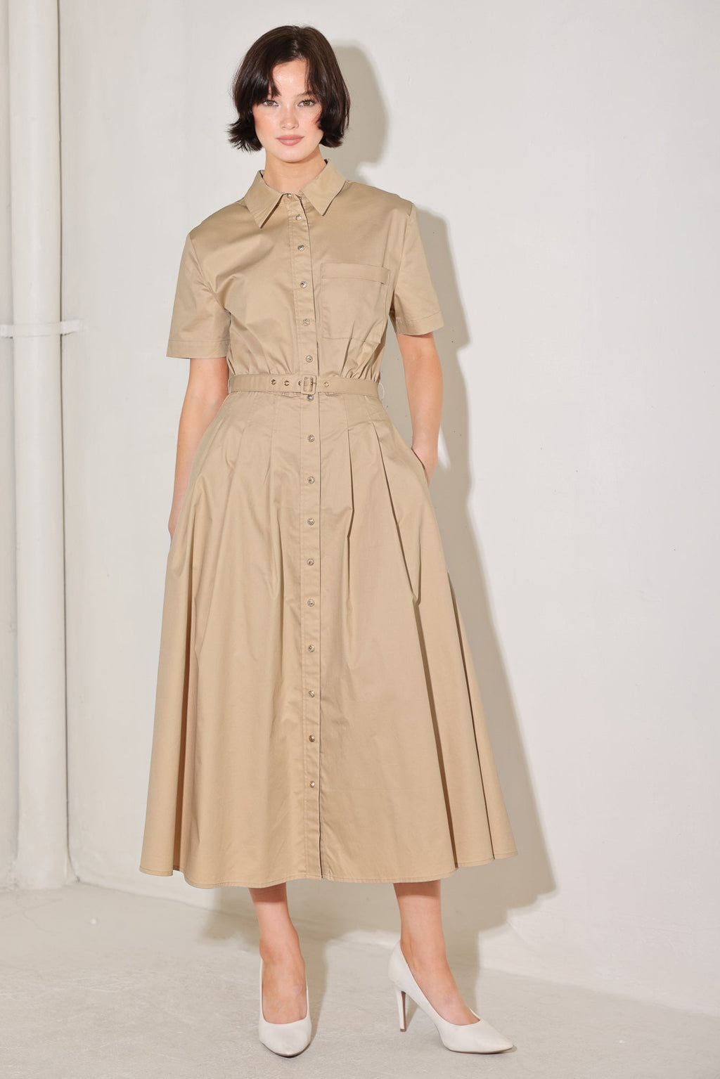 CINCHED COUTURE WOVEN MIDI DRESS