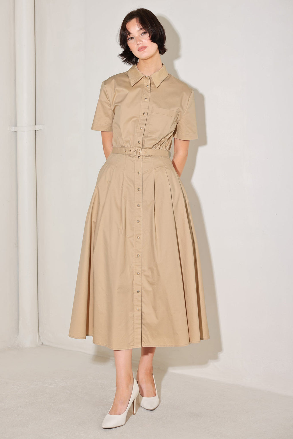 CINCHED COUTURE WOVEN MIDI DRESS