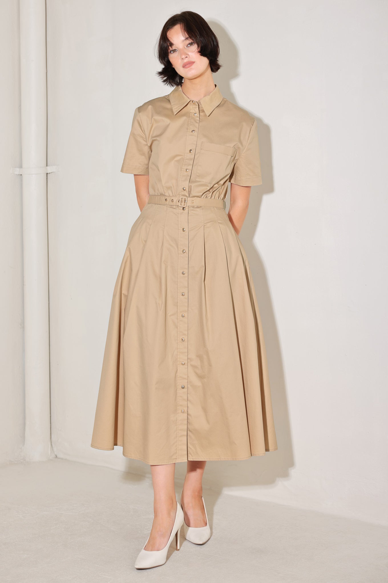 CINCHED COUTURE WOVEN MIDI DRESS