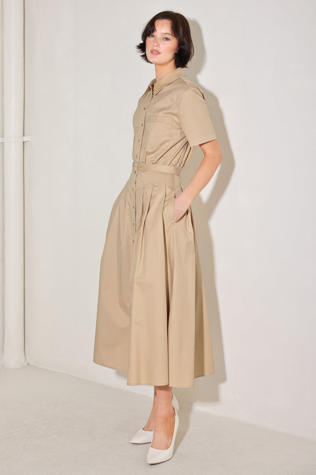 CINCHED COUTURE WOVEN MIDI DRESS