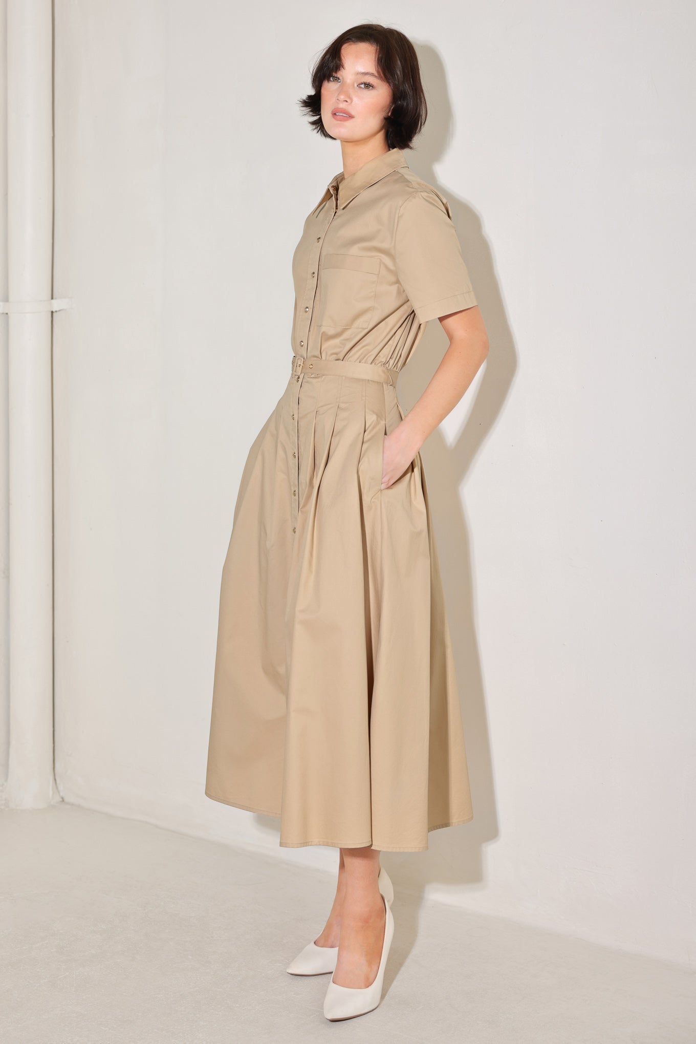 CINCHED COUTURE WOVEN MIDI DRESS
