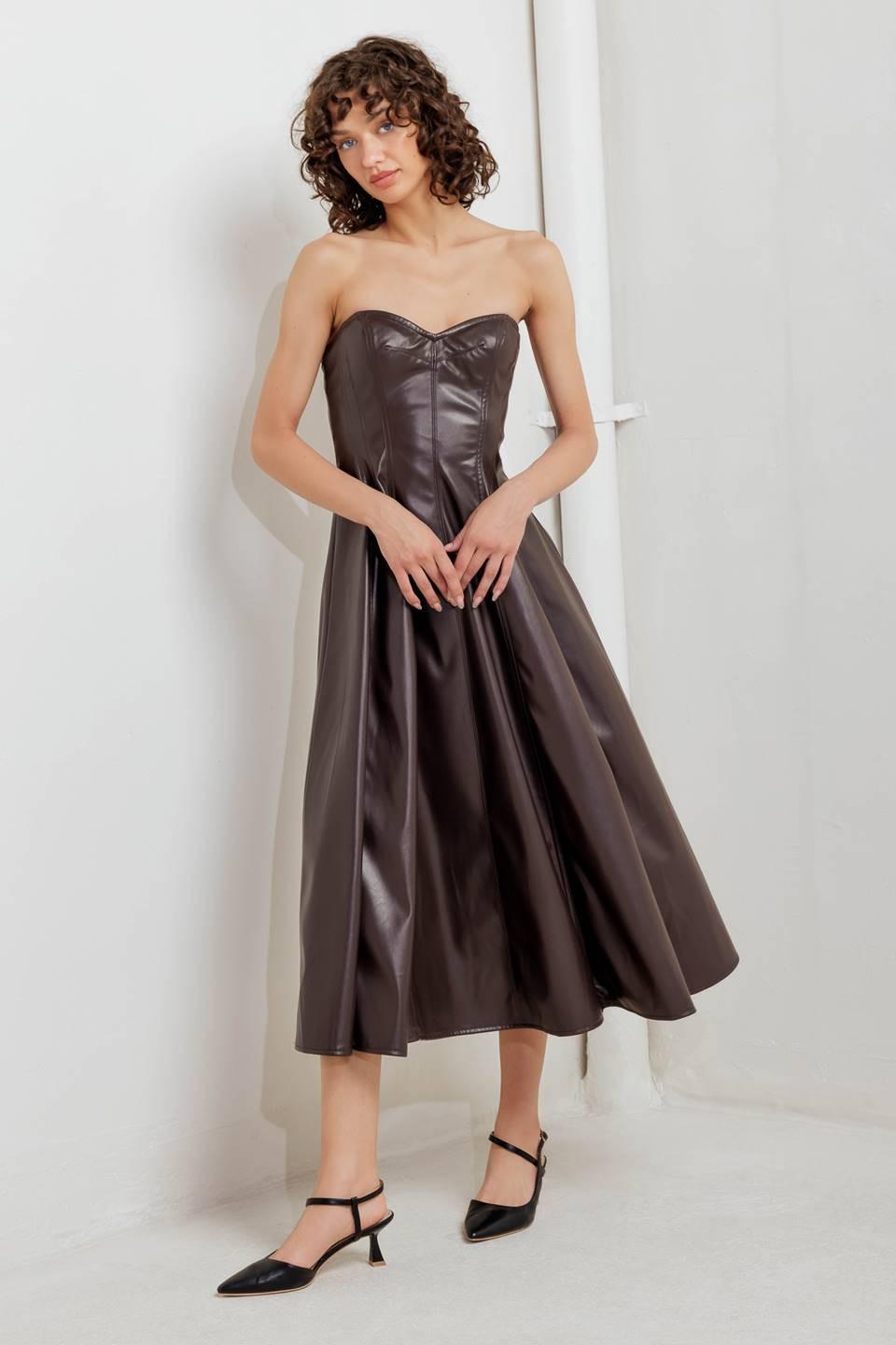 ESPRESSO DIVA FAUX LEATHER MIDI DRESS