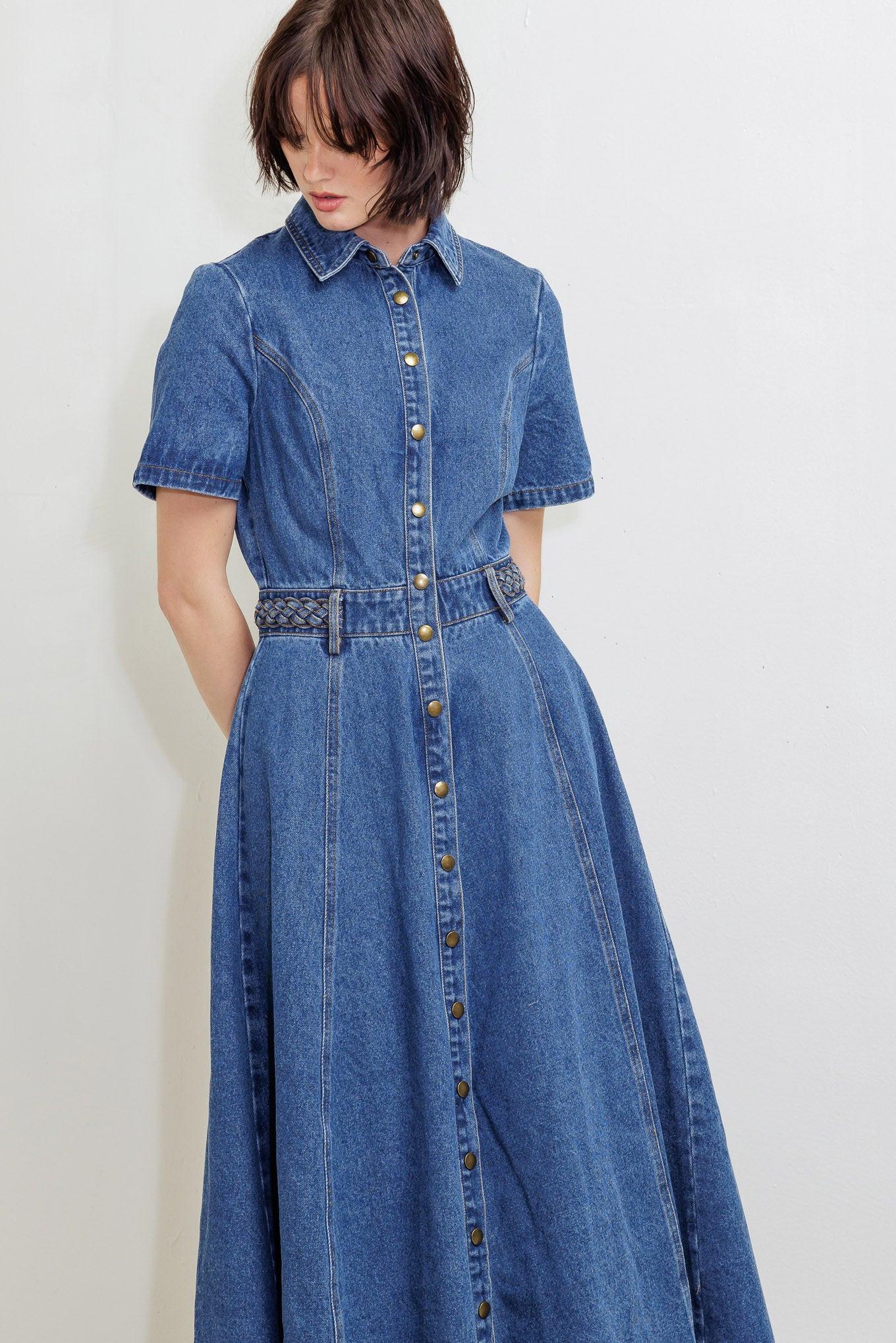 HIDDEN SMILE DENIM MIDI DRESS