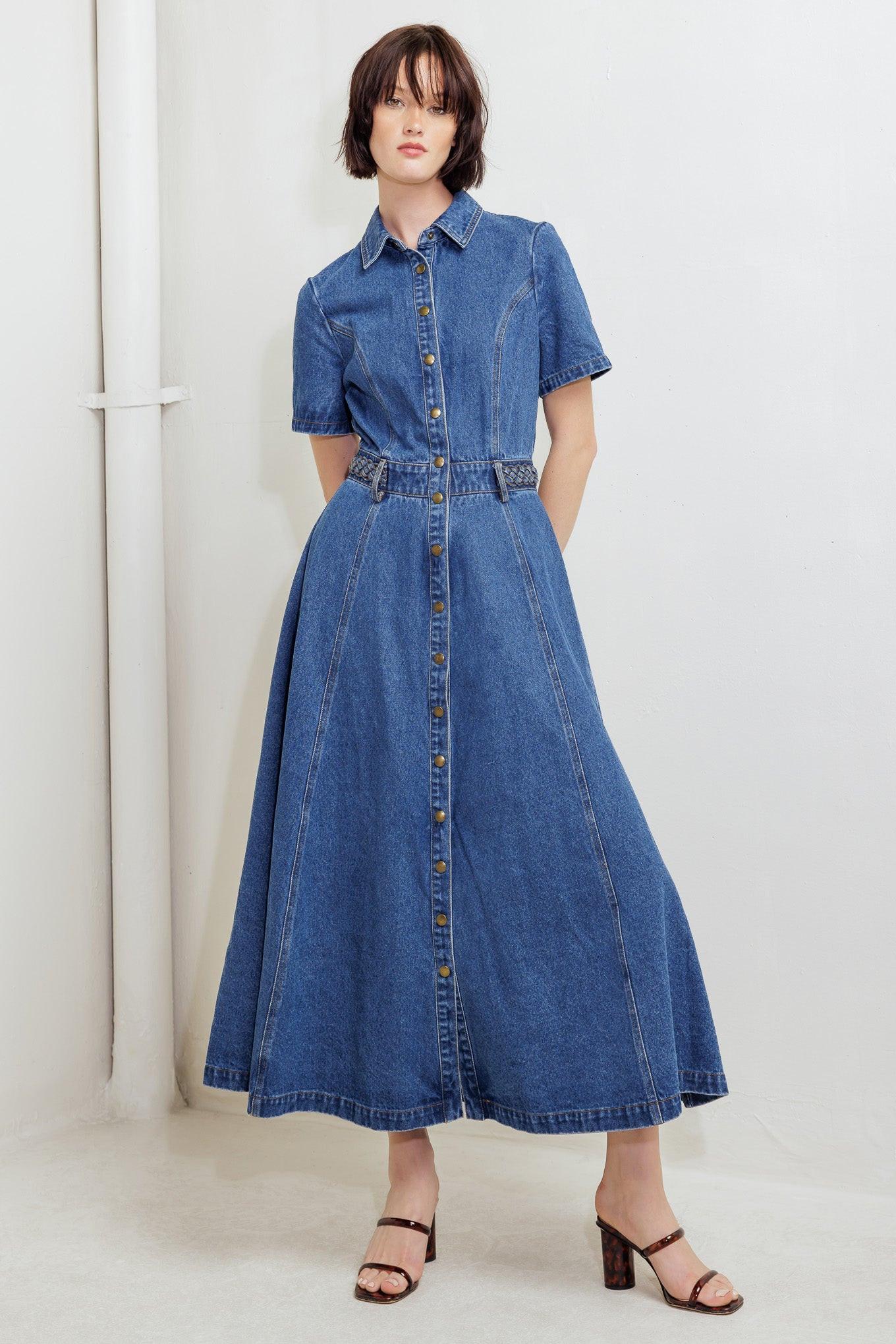 HIDDEN SMILE DENIM MIDI DRESS