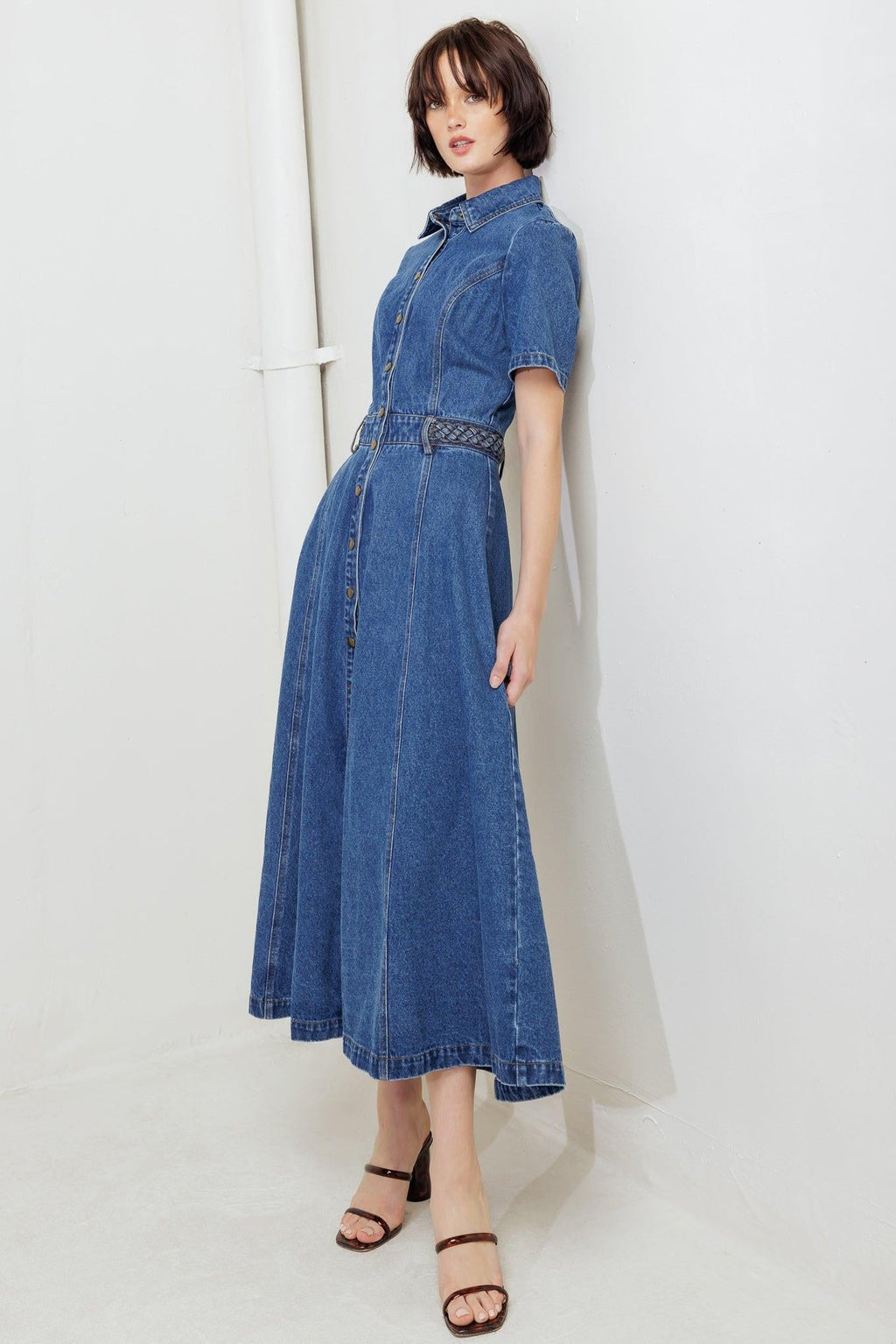 HIDDEN SMILE DENIM MIDI DRESS