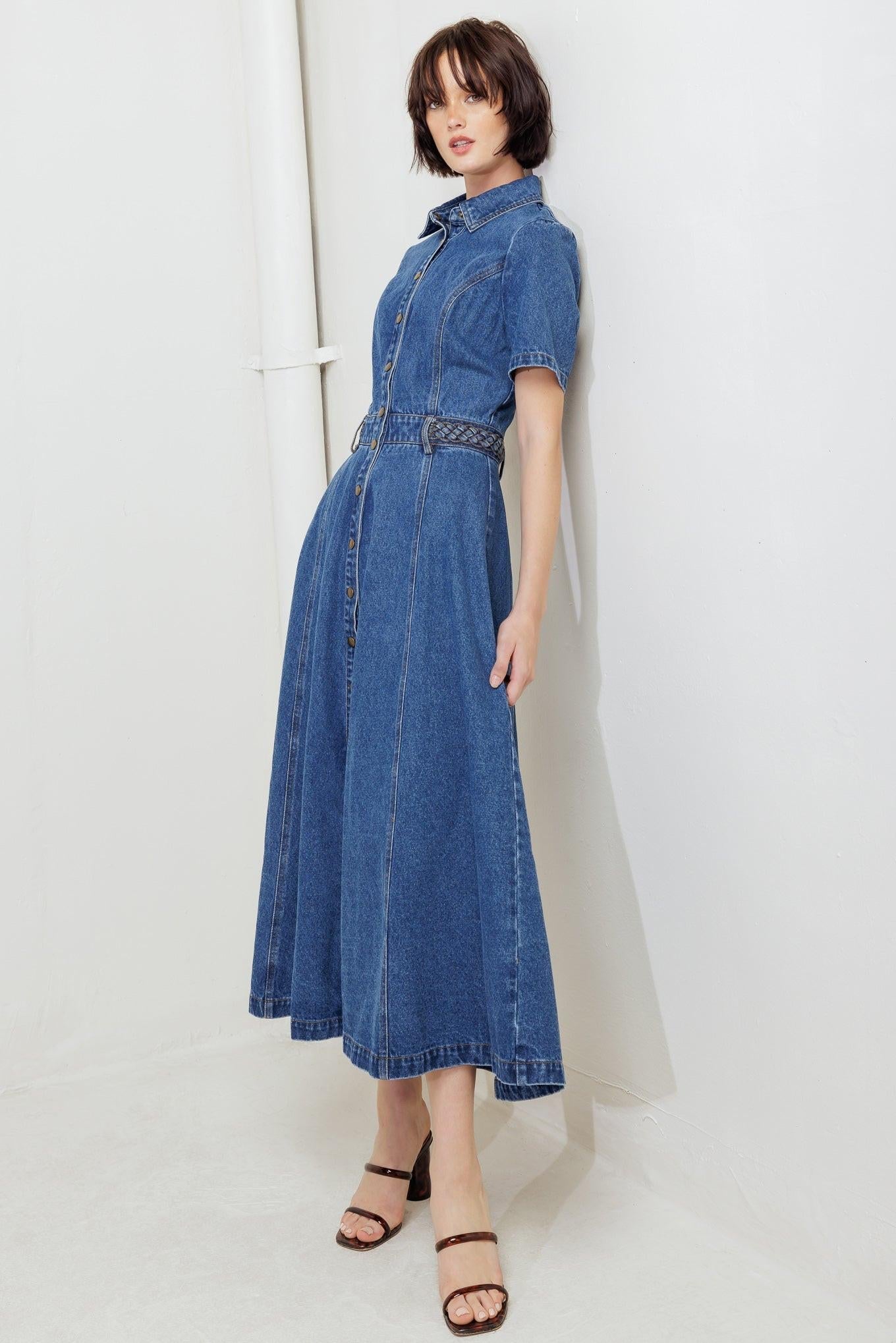 HIDDEN SMILE DENIM MIDI DRESS
