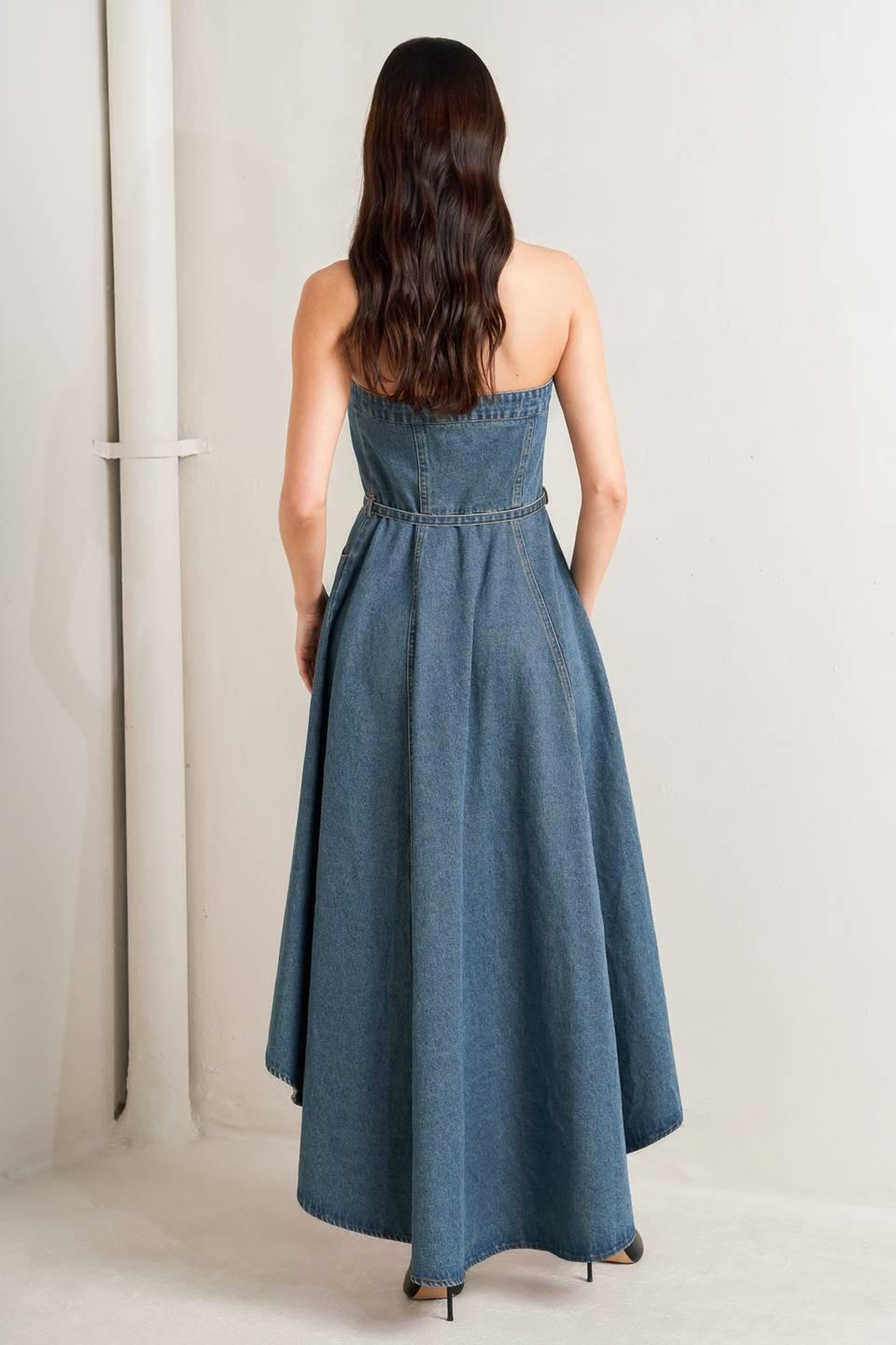 MIDNIGHT VOLUME DENIM MIDI DRESS