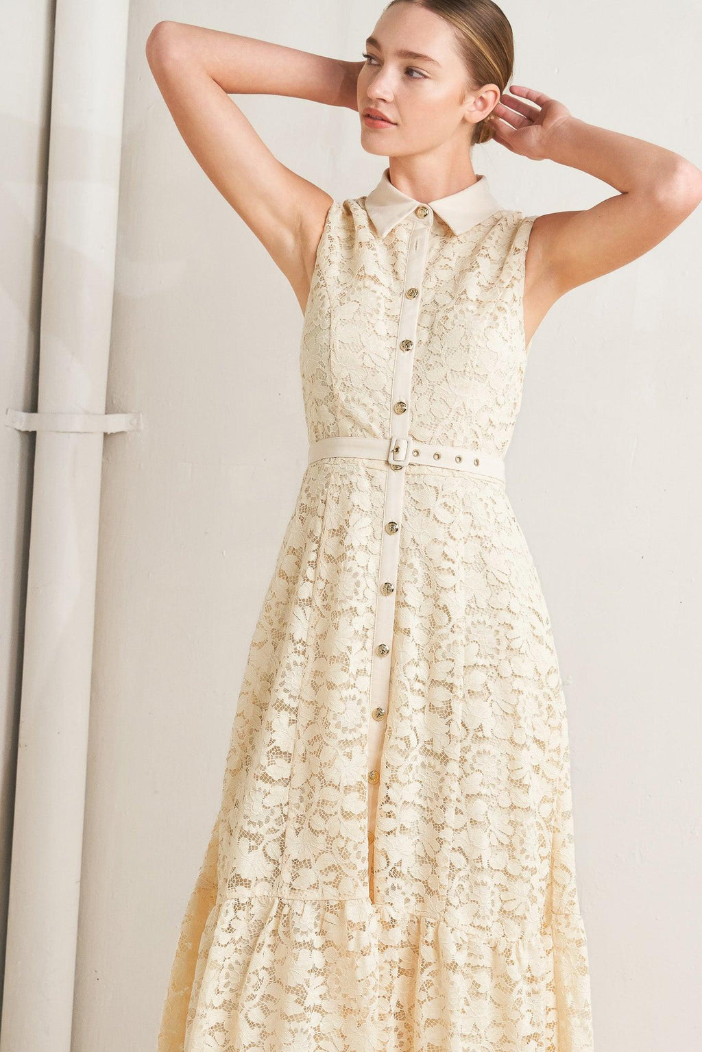 PURELY ROMANTIC WOVEN LACE MIDI DRESS