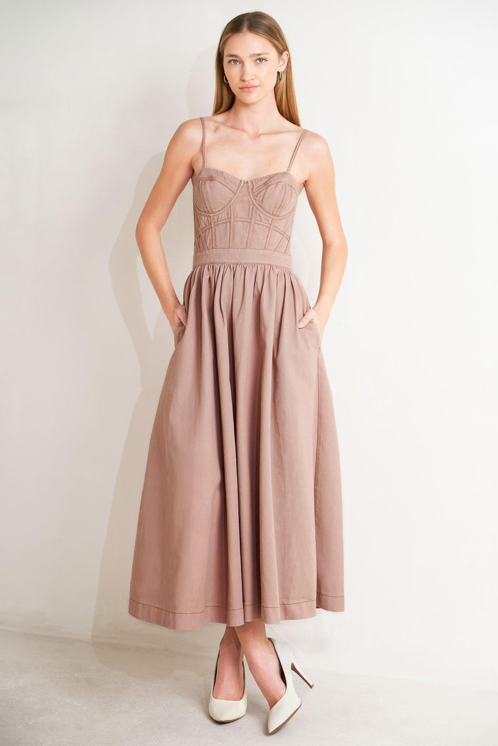 UNDERSTATED GLAM WOVEN TWILL MIDI DRESS