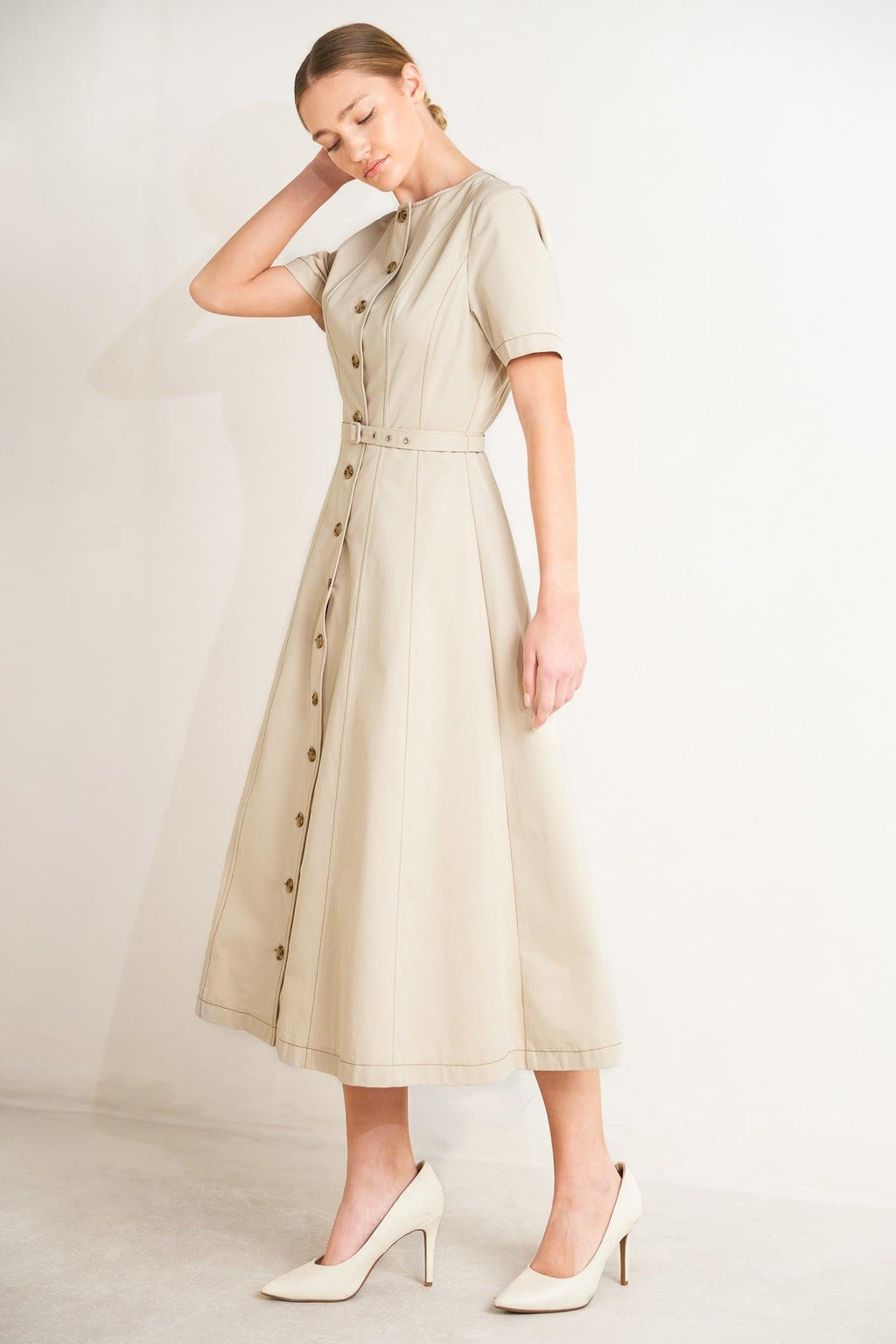 COMMAND THE ROOM WOVEN MIDI DRESS