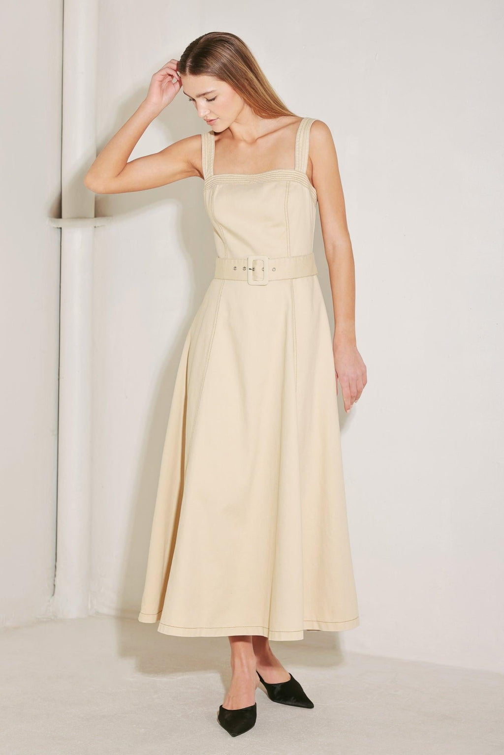 ELEVATED NEUTRAL WOVEN MIDI DRESS