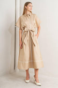 CATCH YOU LATER KHAKI WOVEN MIDI DRESS