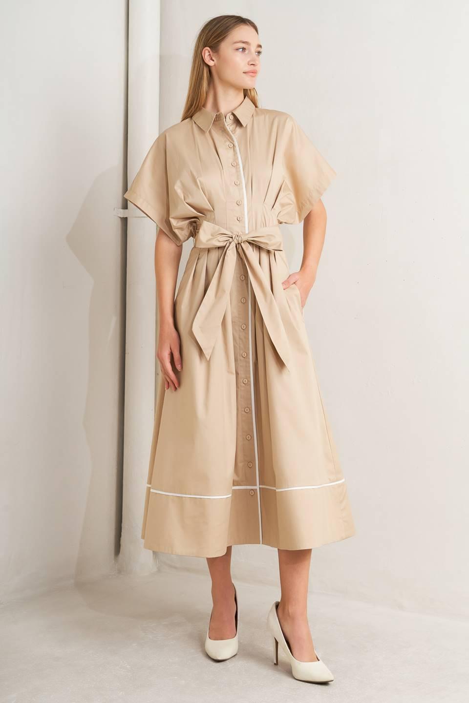CATCH YOU LATER KHAKI WOVEN MIDI DRESS