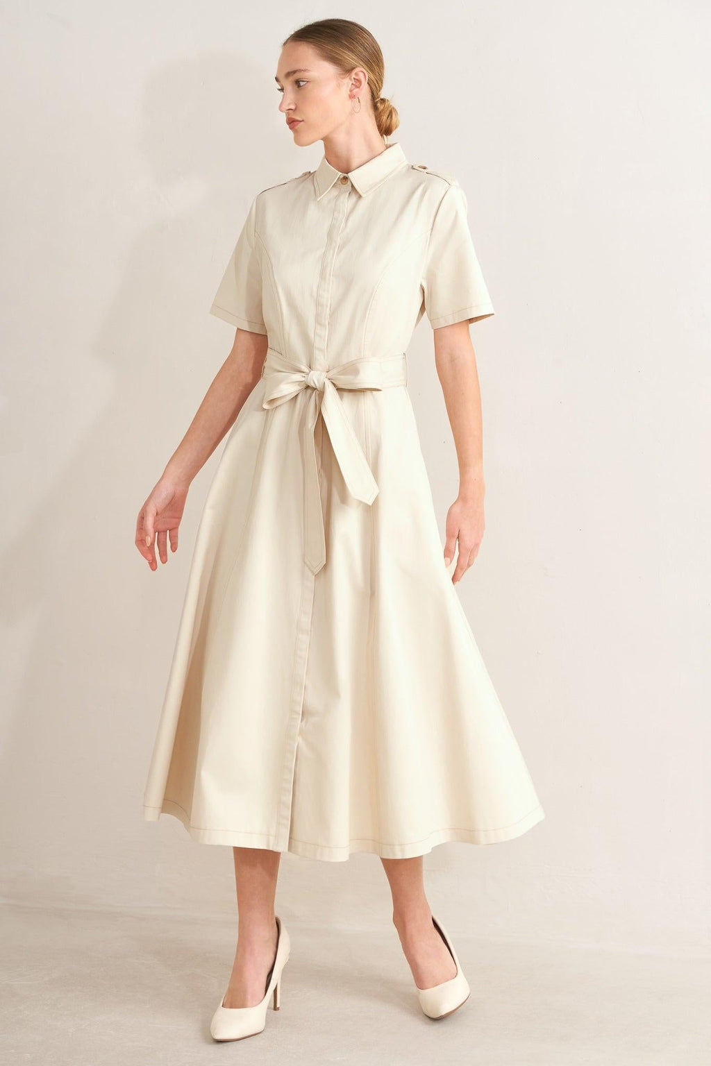 SANDSTONE GRACE WOVEN MIDI SHIRT DRESS