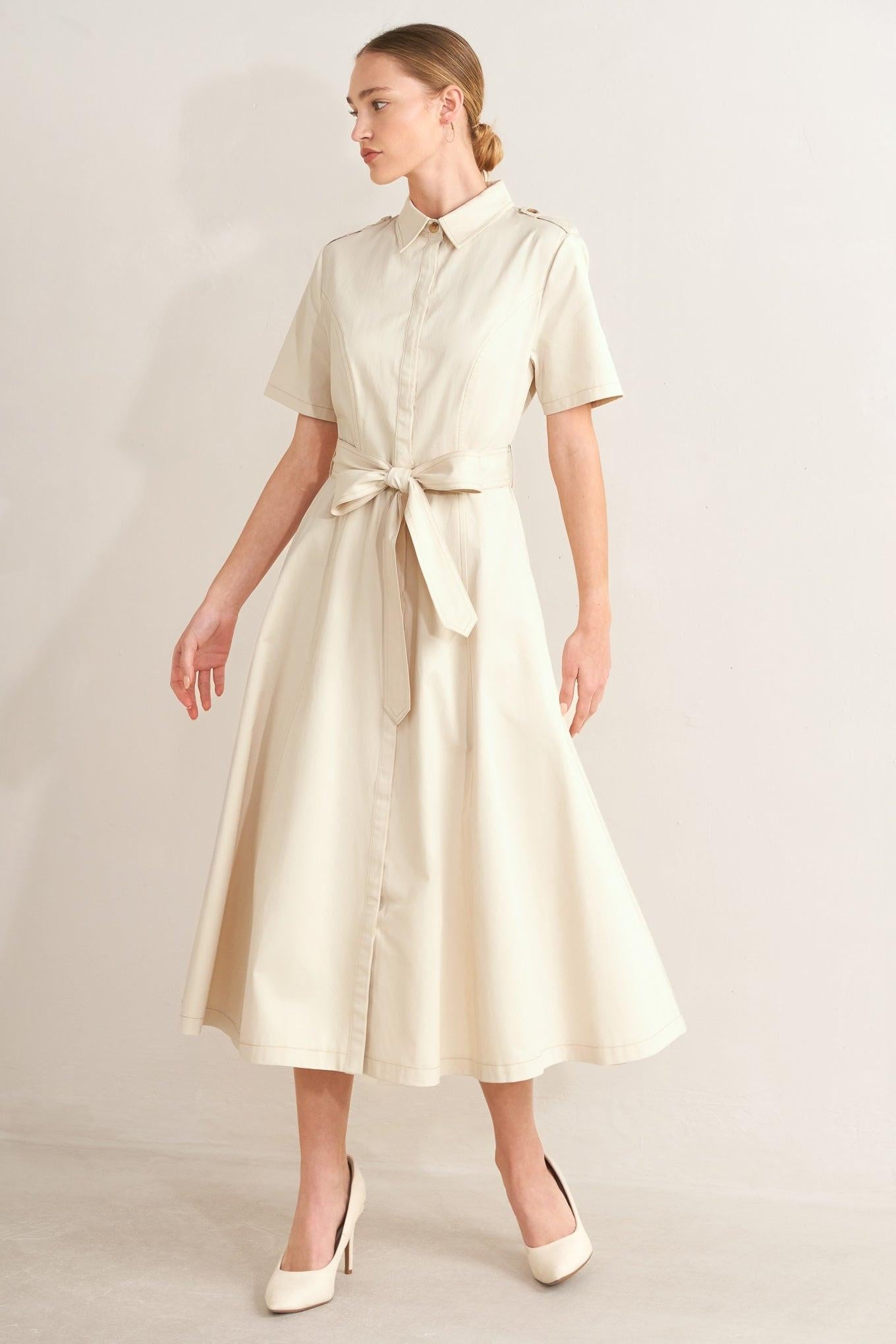 SANDSTONE GRACE WOVEN MIDI SHIRT DRESS