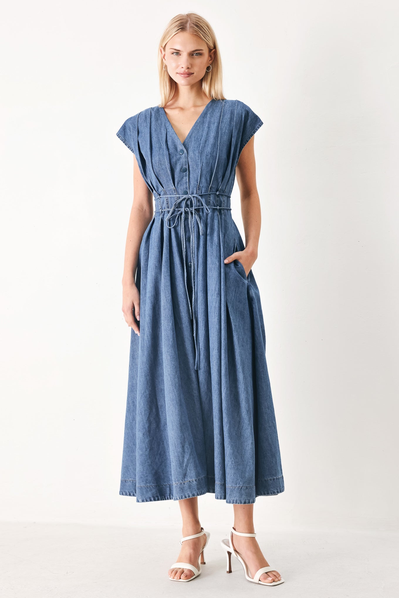 MIDNIGHT FLOW DENIM MIDI DRESS