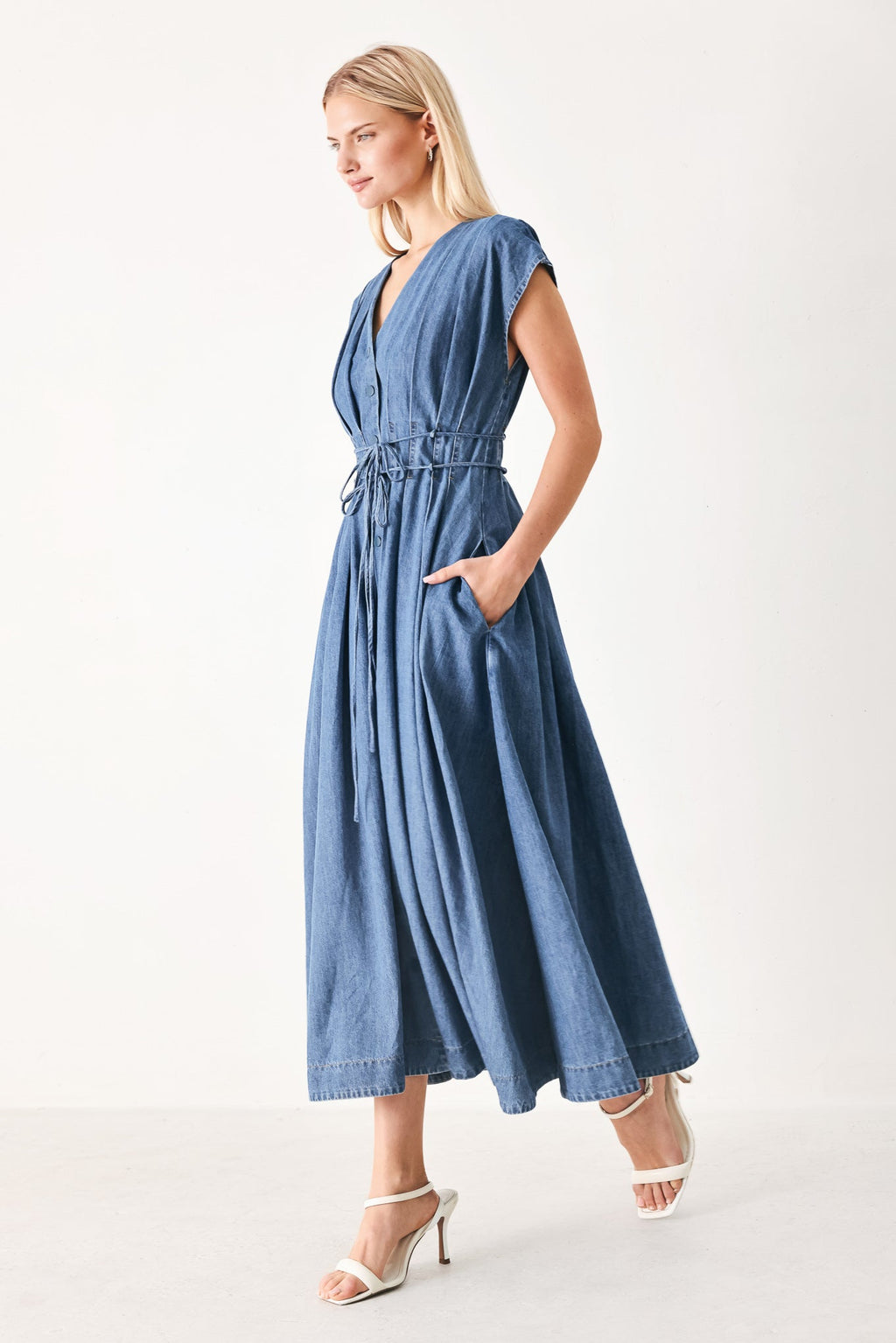 MIDNIGHT FLOW DENIM MIDI DRESS