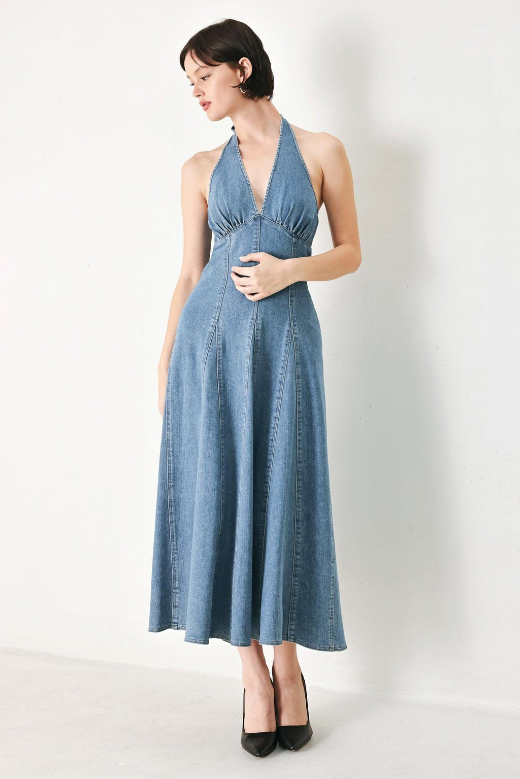 BLUE BLOSSOM DENIM MIDI DRESS