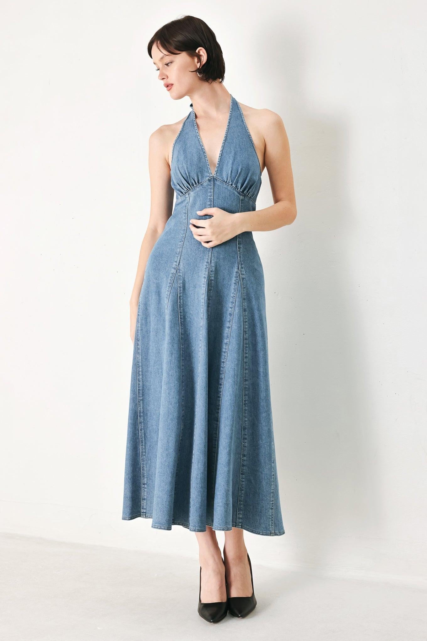 BLUE BLOSSOM DENIM MIDI DRESS