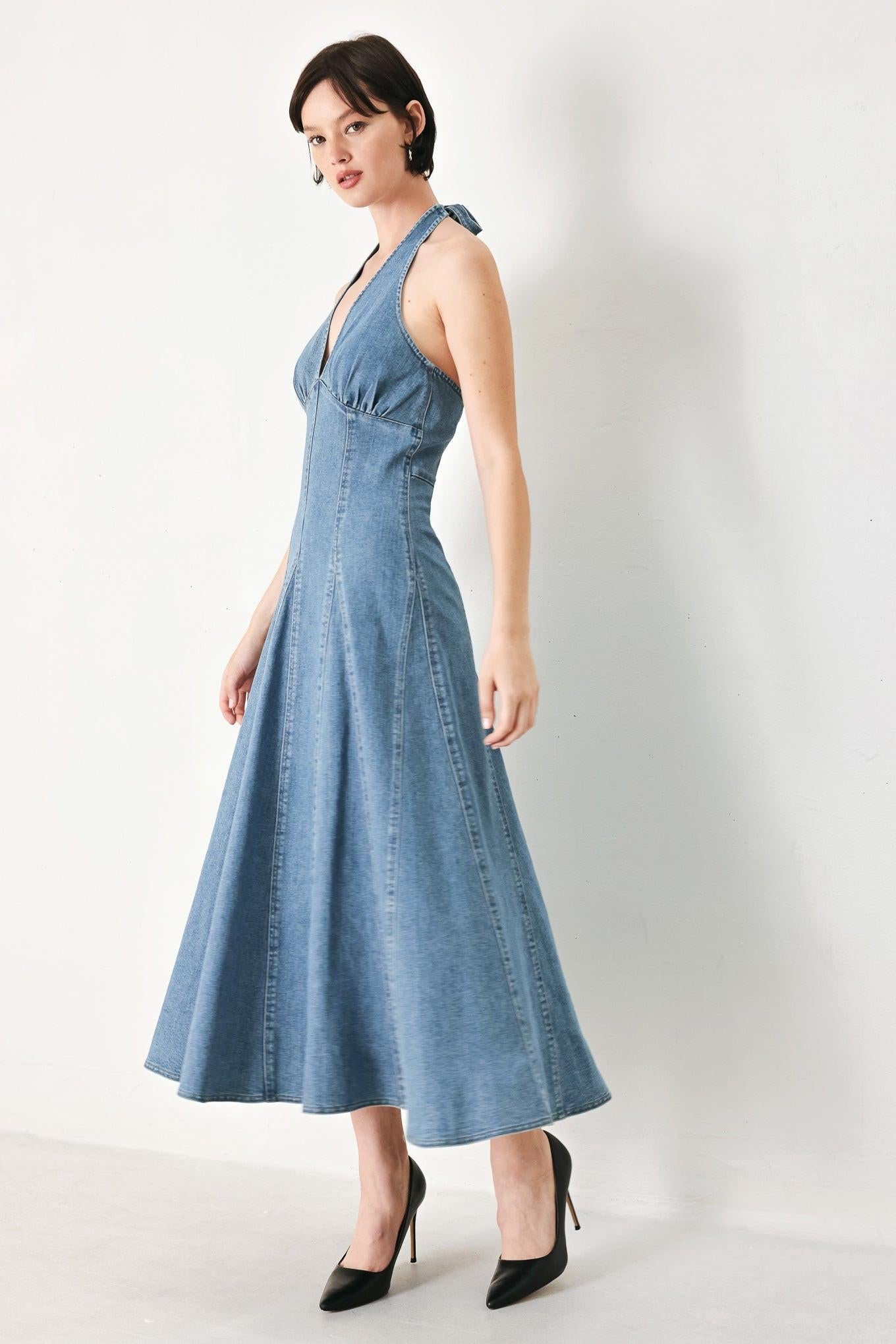 BLUE BLOSSOM DENIM MIDI DRESS
