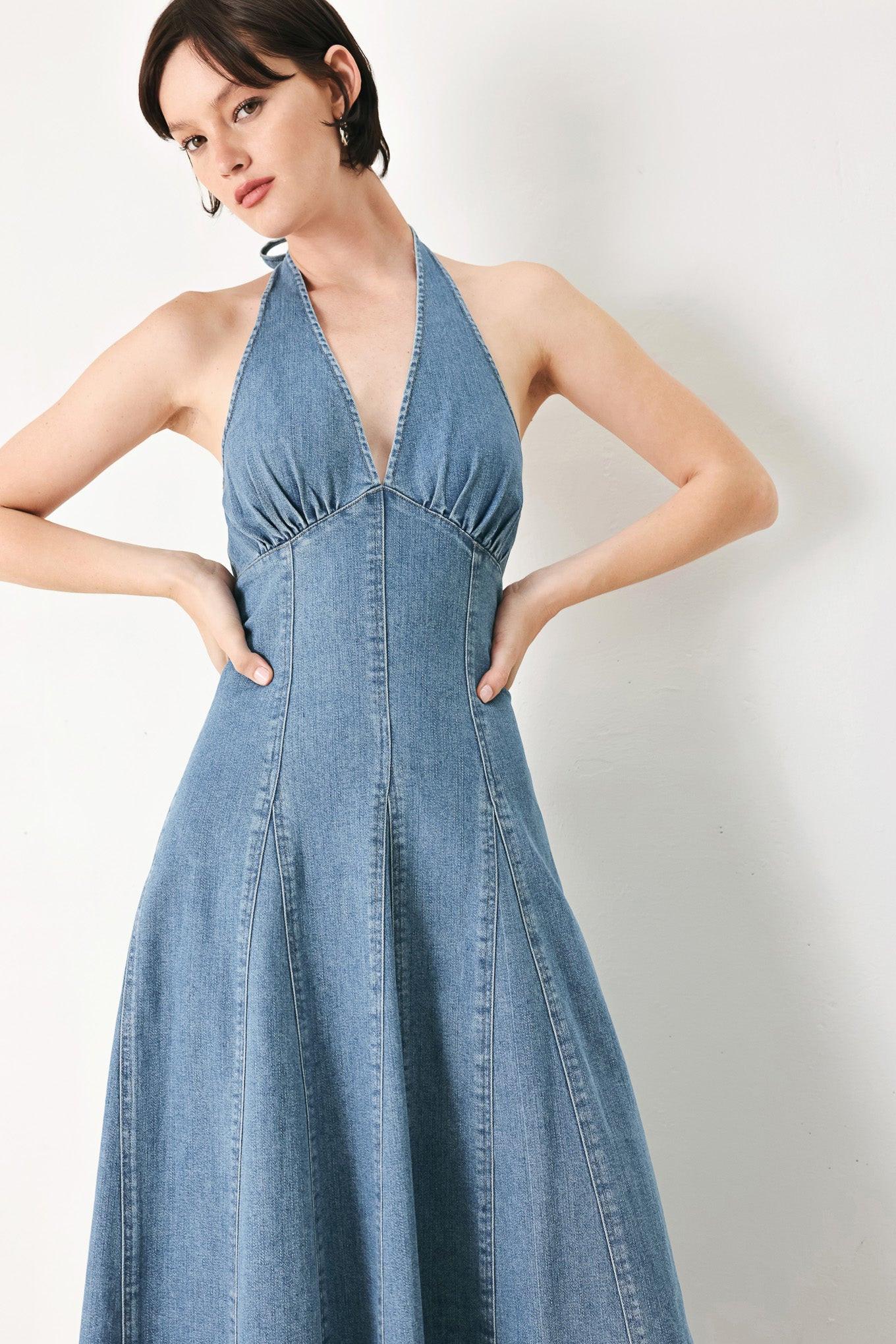 BLUE BLOSSOM DENIM MIDI DRESS