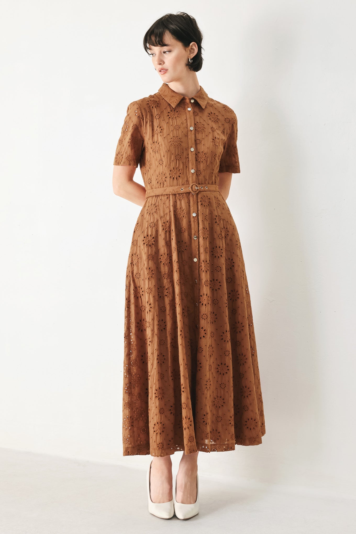 TIMELESS LOVE WOVEN EYELET MIDI DRESS