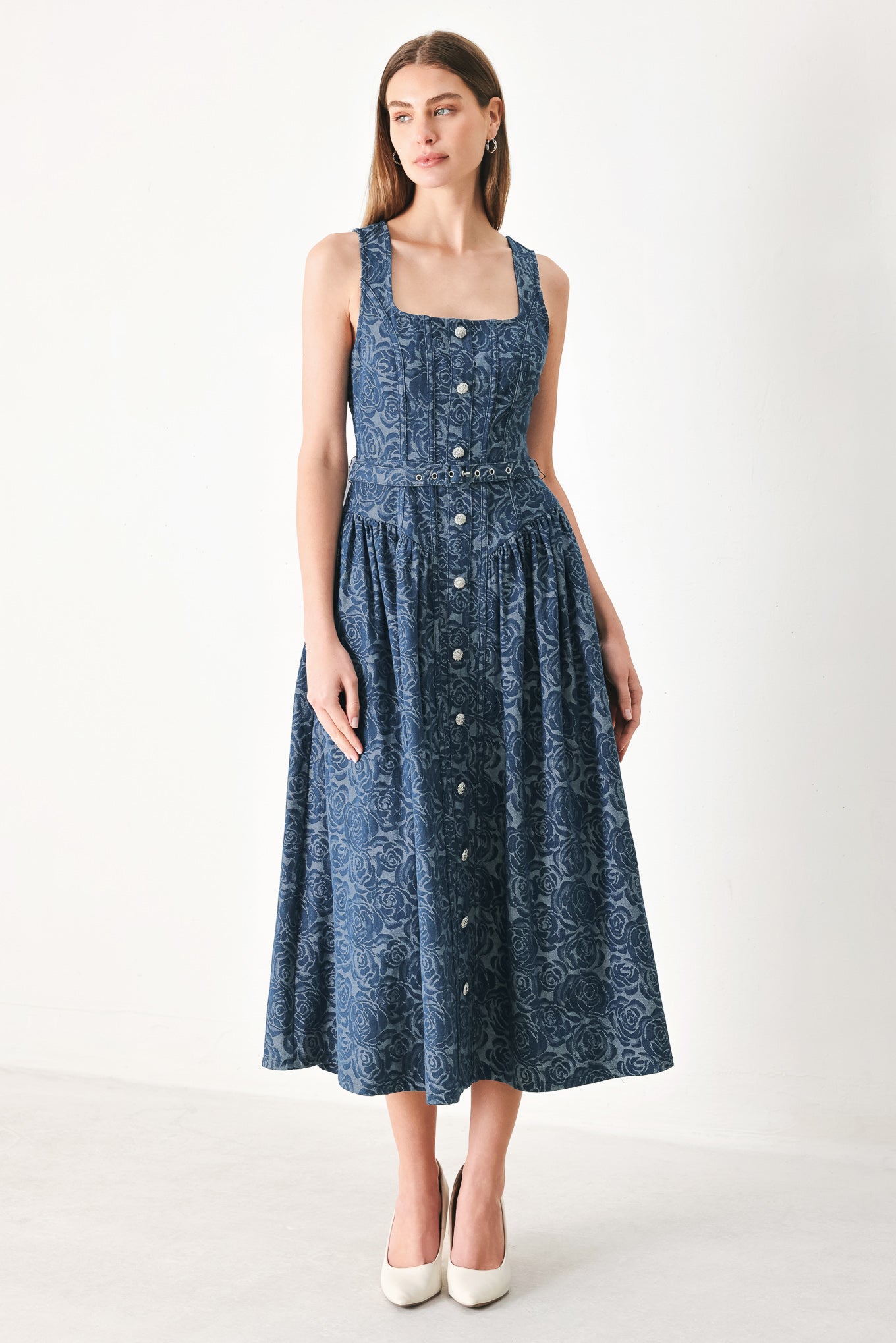 MIDNIGHT GARDEN DENIM MIDI DRESS