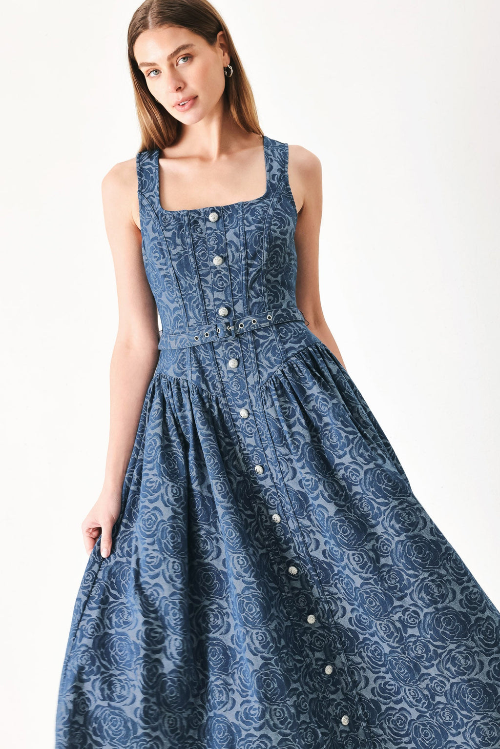 MIDNIGHT GARDEN DENIM MIDI DRESS