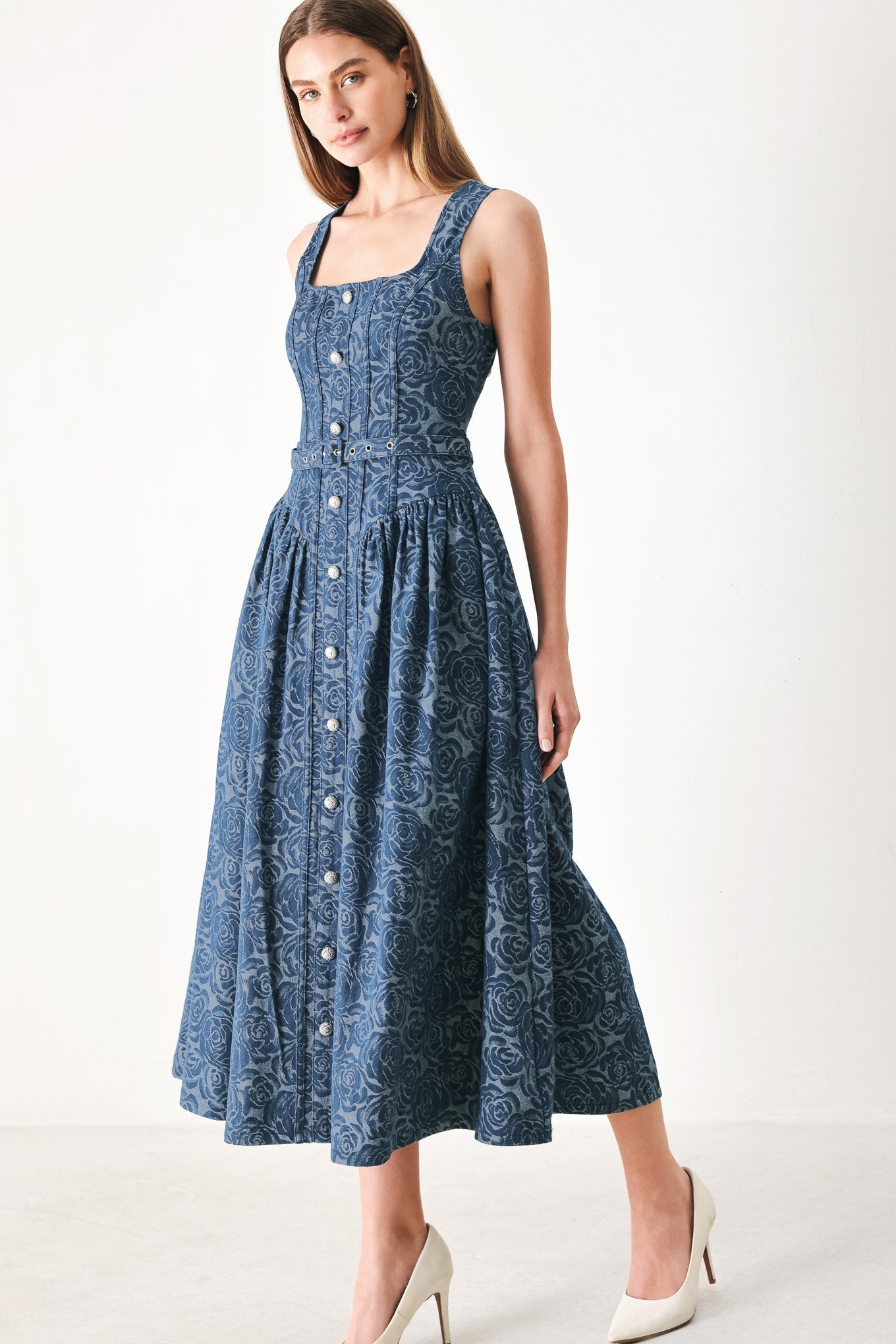 MIDNIGHT GARDEN DENIM MIDI DRESS