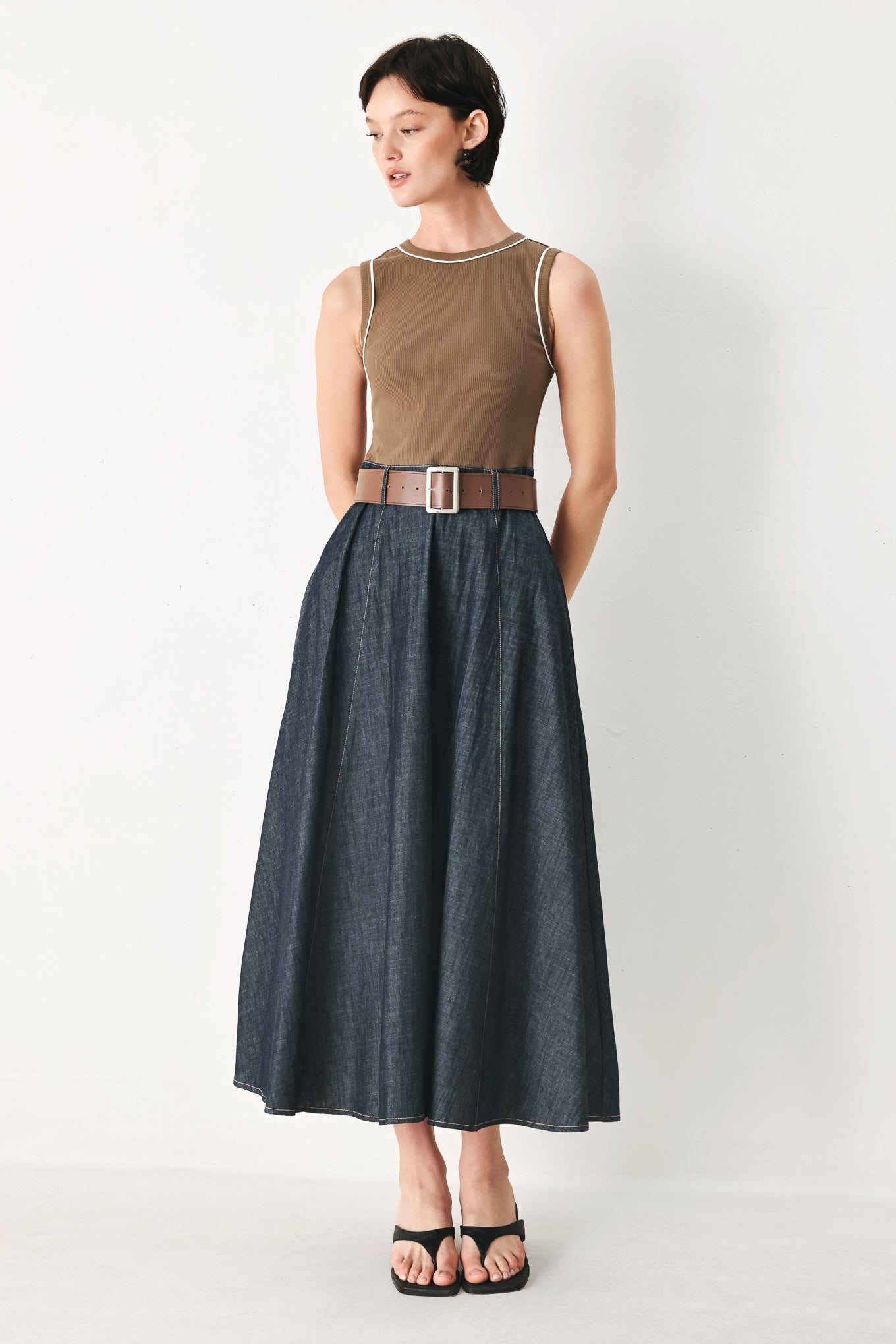 ESPRESSO HOUR DENIM COMBINATION MIDI DRESS
