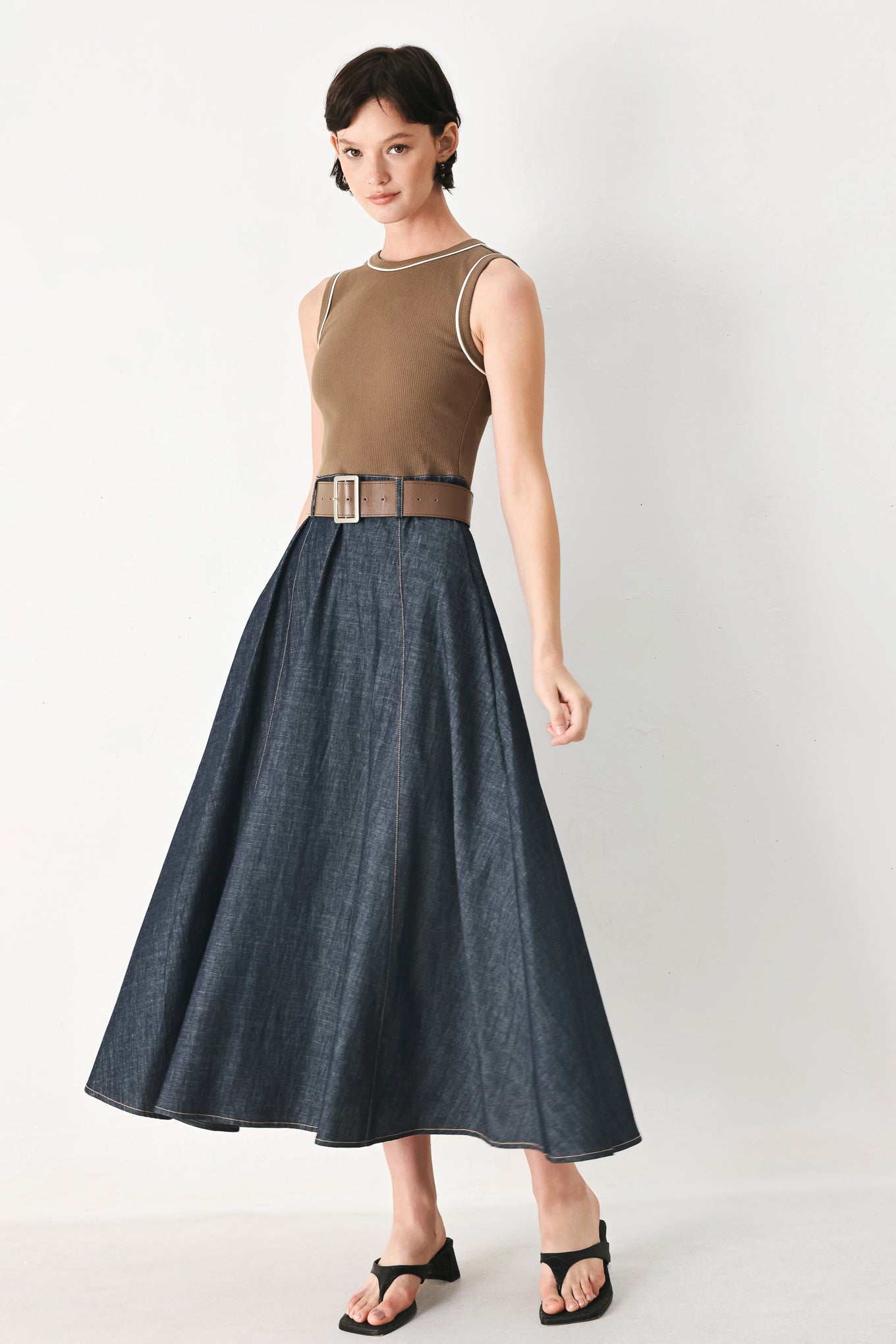 ESPRESSO HOUR DENIM COMBINATION MIDI DRESS