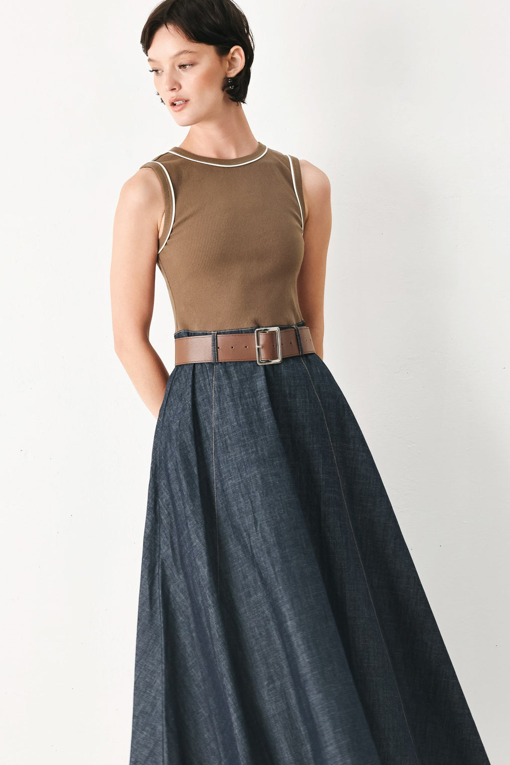 ESPRESSO HOUR DENIM COMBINATION MIDI DRESS