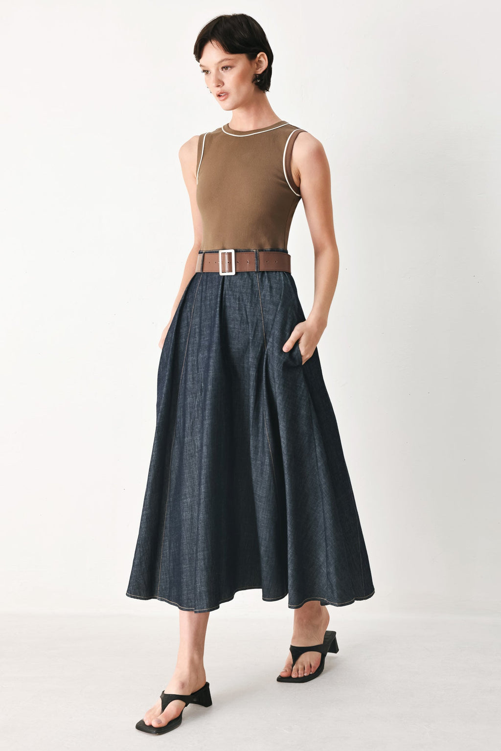 ESPRESSO HOUR DENIM COMBINATION MIDI DRESS