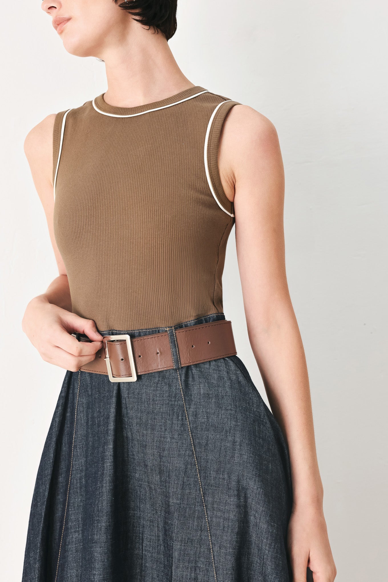 ESPRESSO HOUR DENIM COMBINATION MIDI DRESS