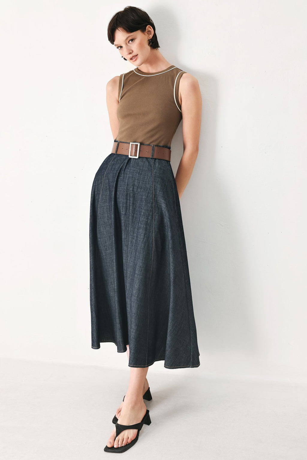 ESPRESSO HOUR DENIM COMBINATION MIDI DRESS