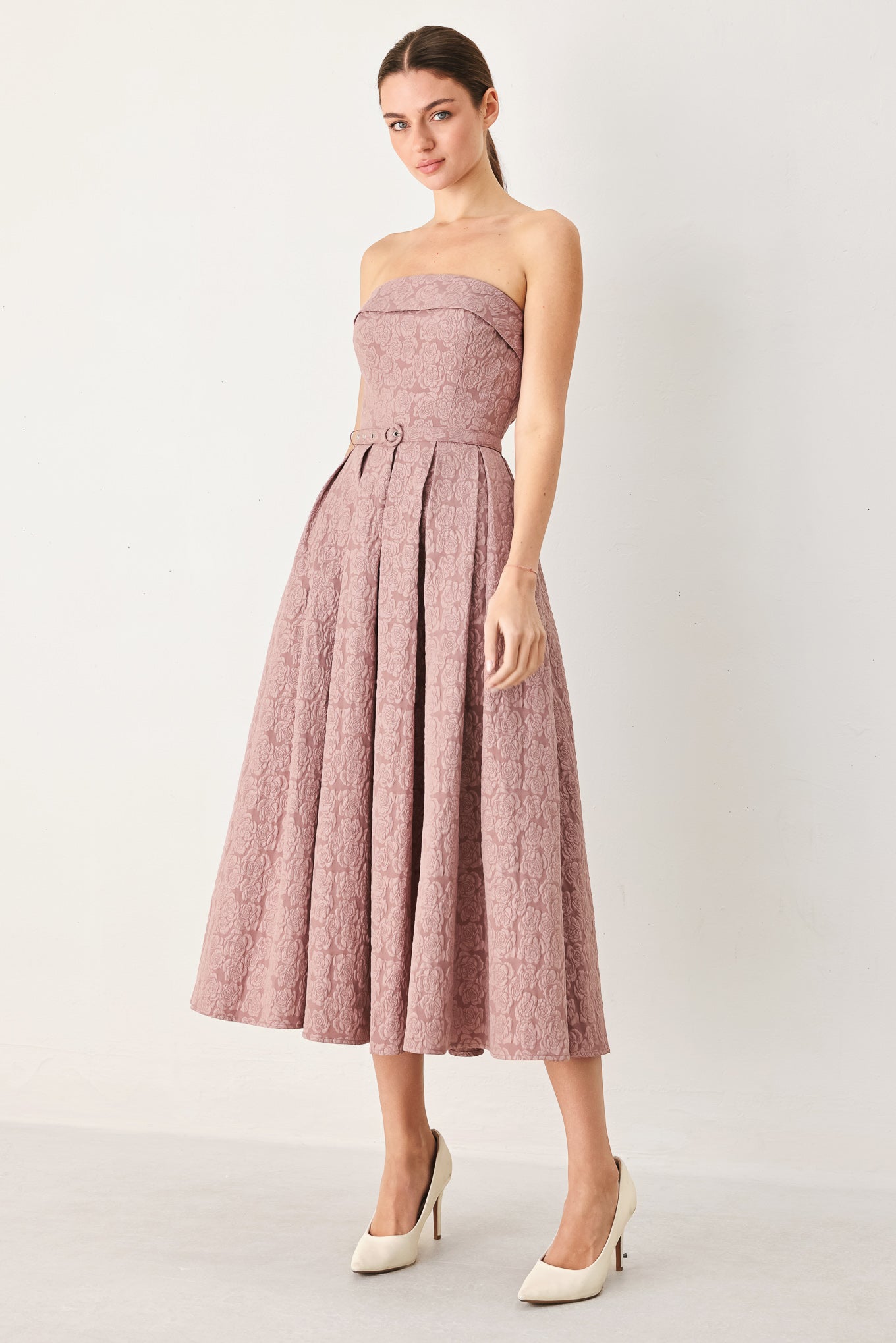 ROSETTE BANDEAU WOVEN MIDI DRESS