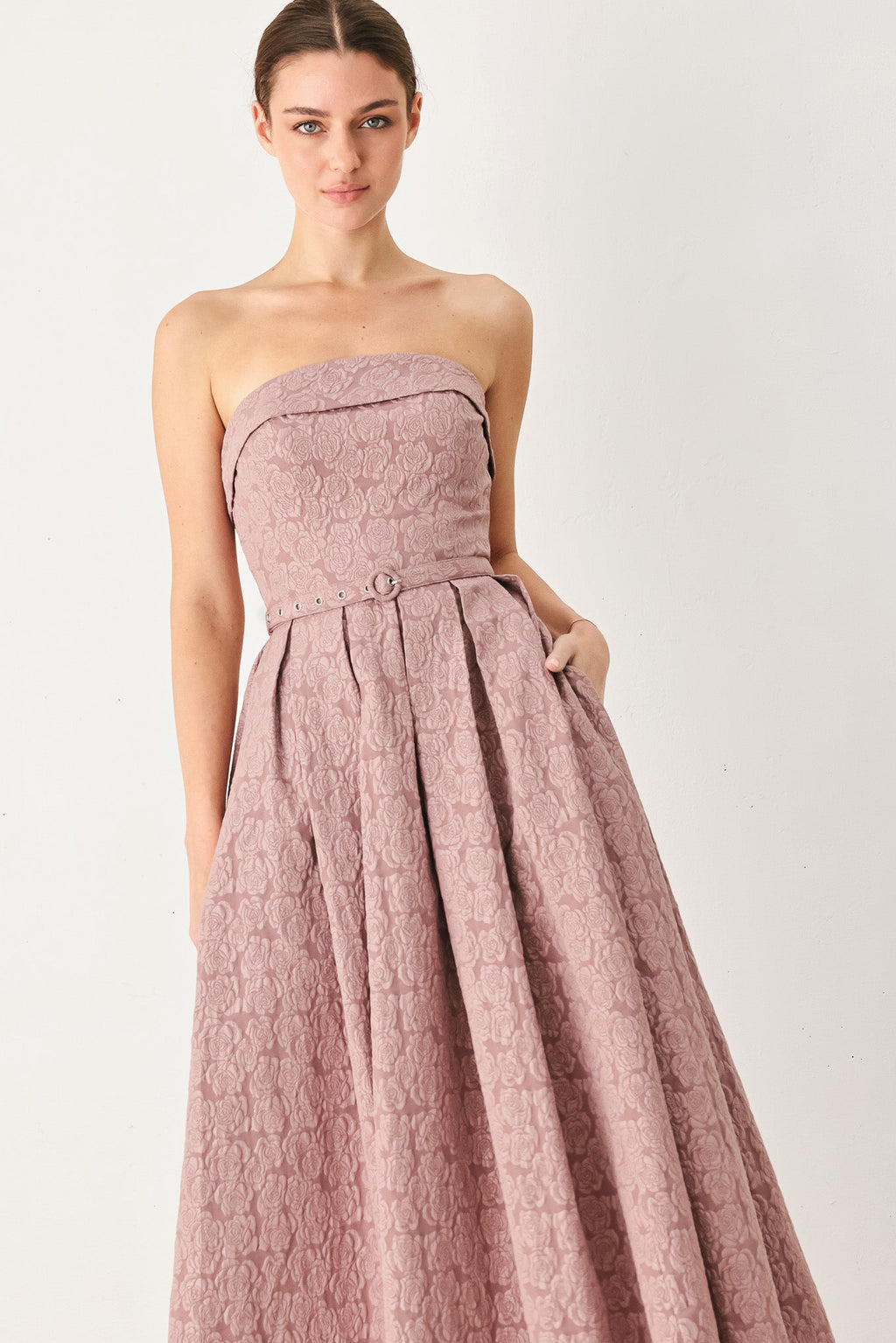 ROSETTE BANDEAU WOVEN MIDI DRESS