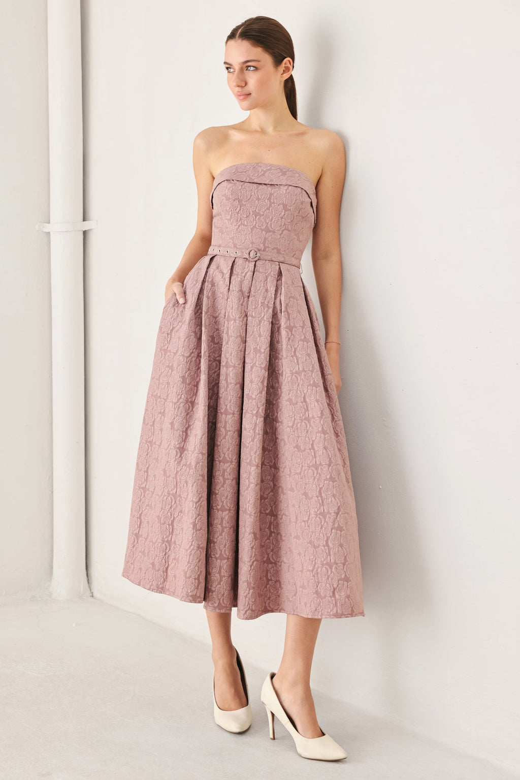 ROSETTE BANDEAU WOVEN MIDI DRESS