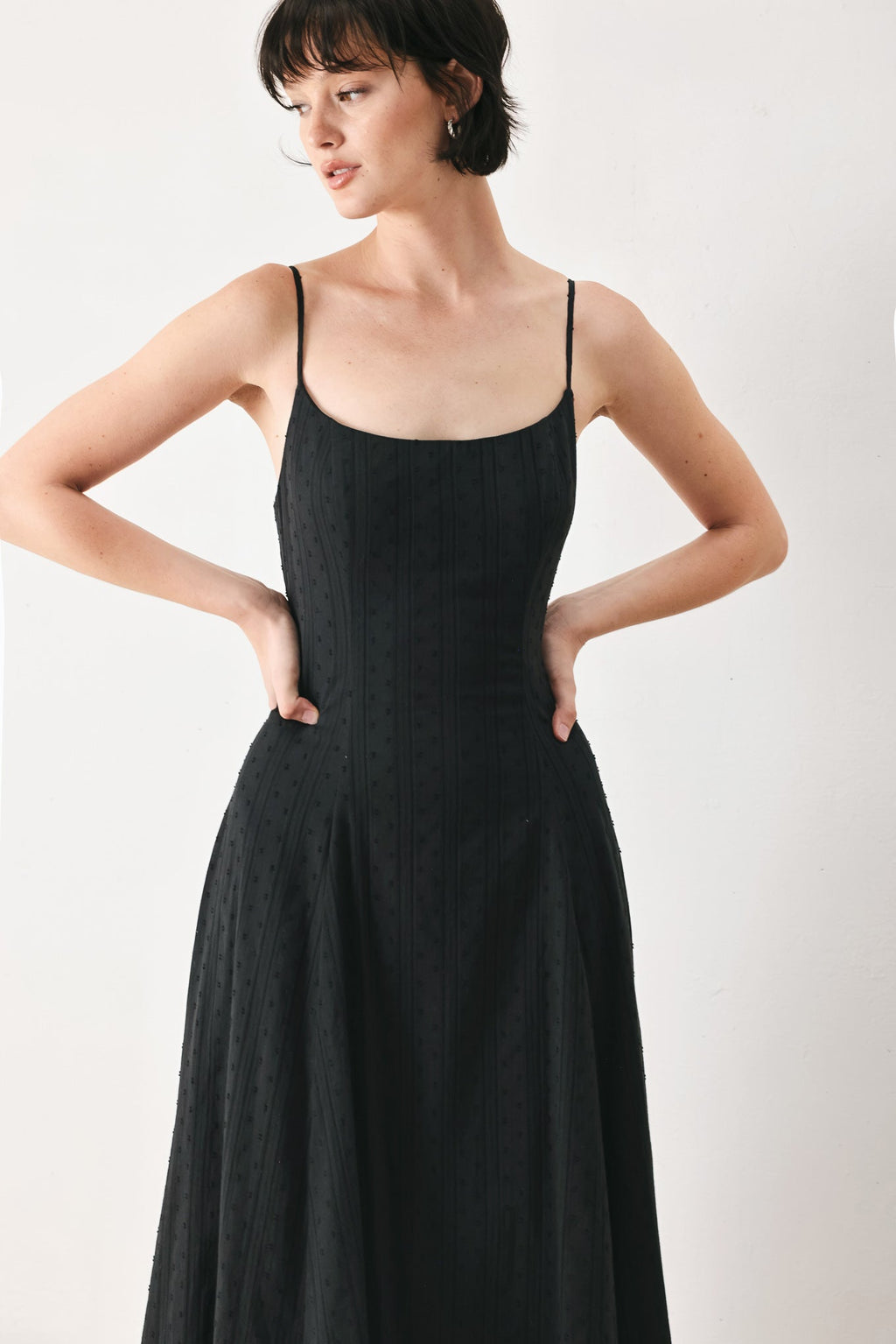 SHEER MIDNIGHT STORY WOVEN MIDI DRESS