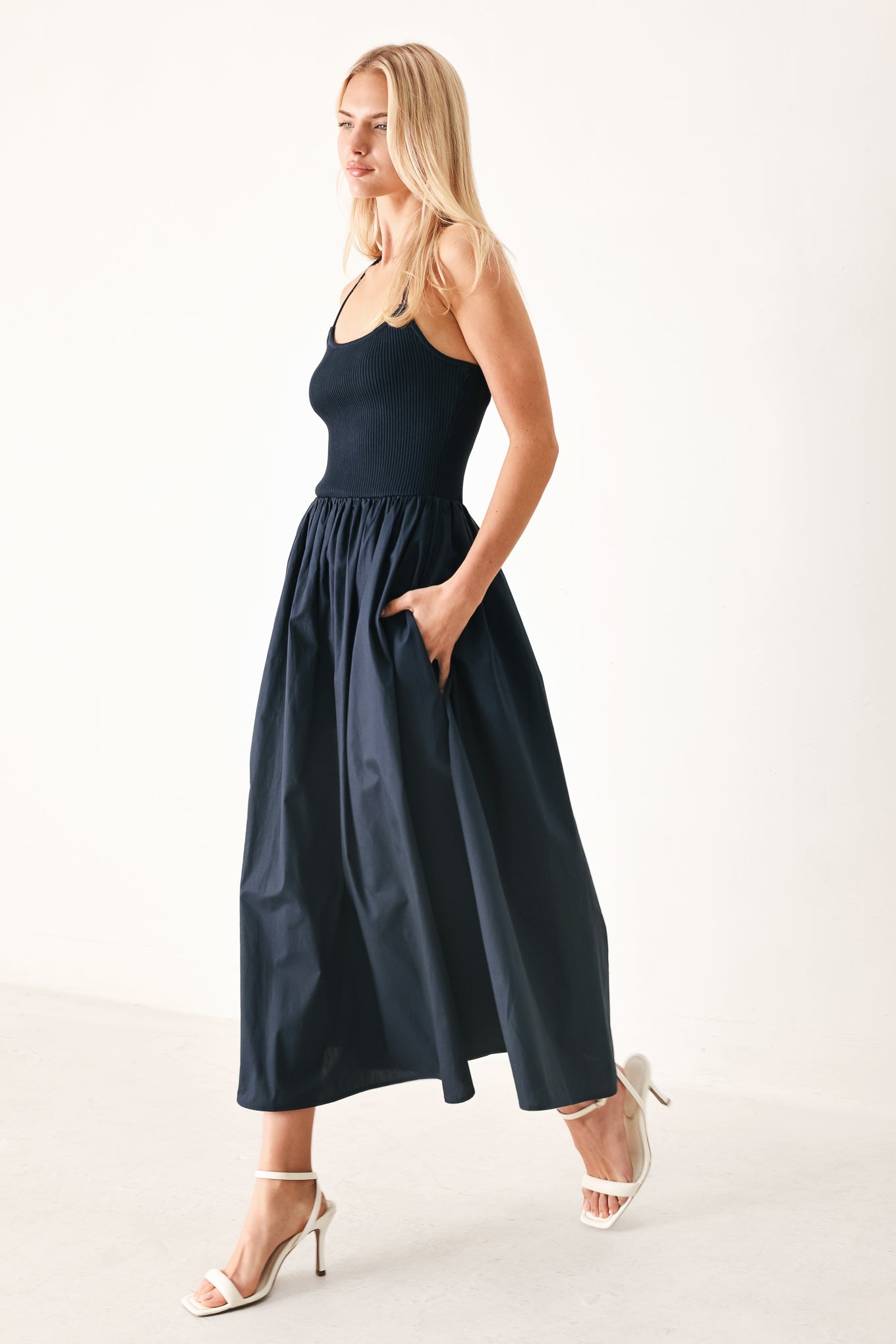 EASY BREEZE NAVY WOVEN MIDI DRESS