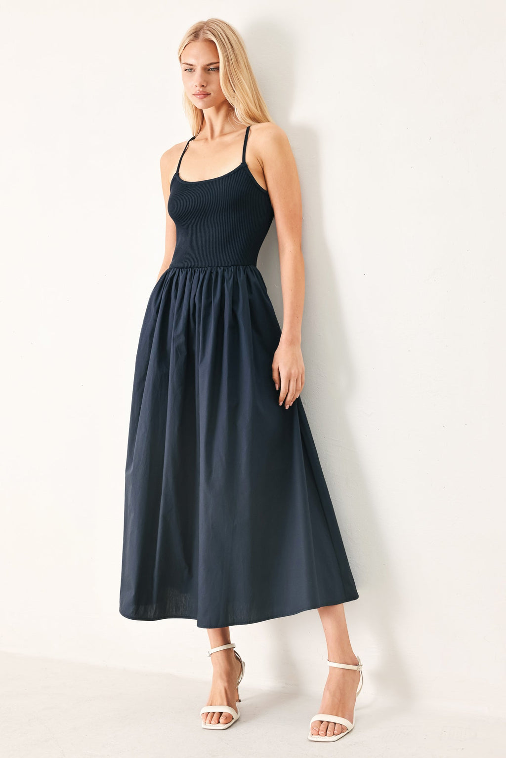EASY BREEZE NAVY WOVEN MIDI DRESS