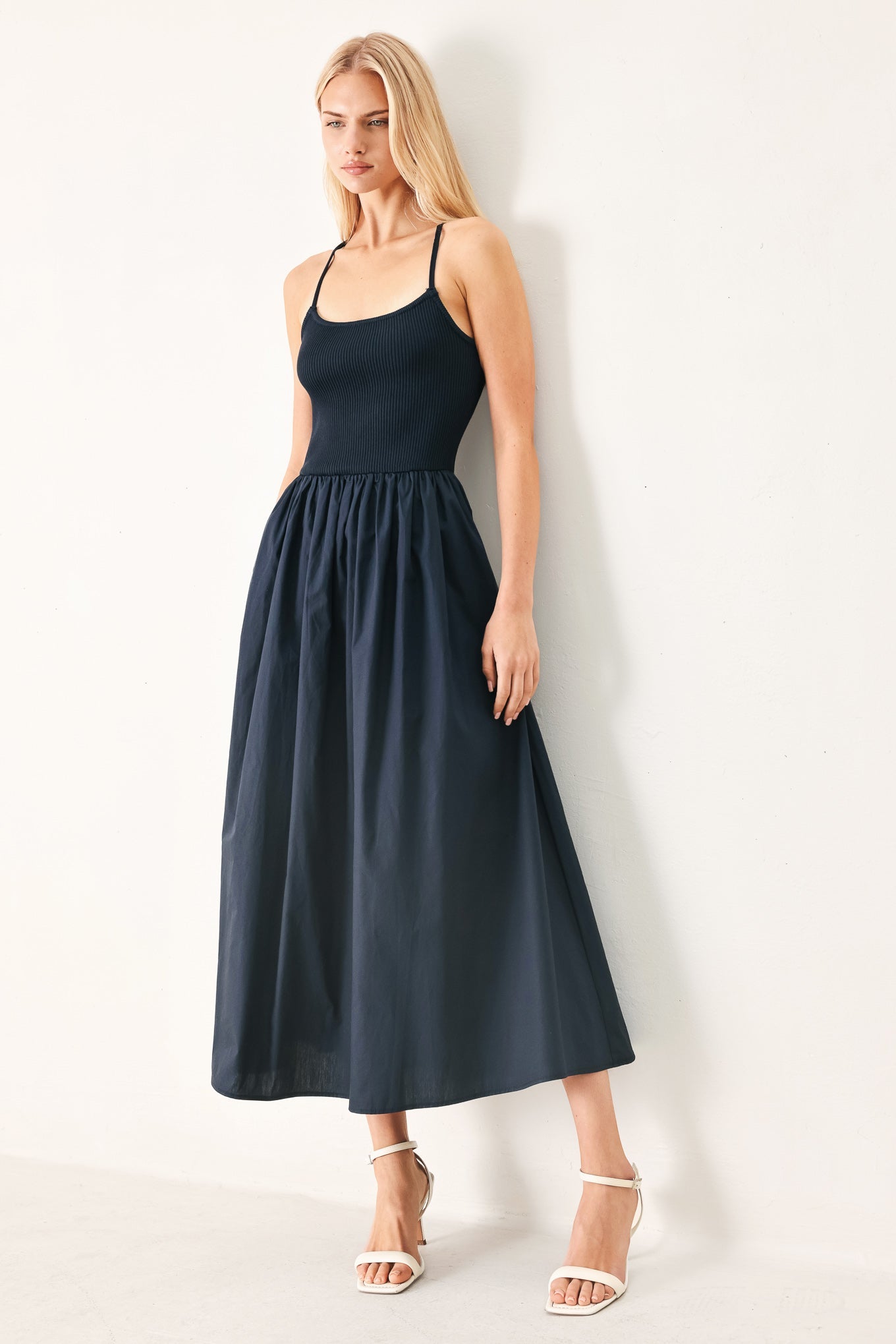 EASY BREEZE NAVY WOVEN MIDI DRESS