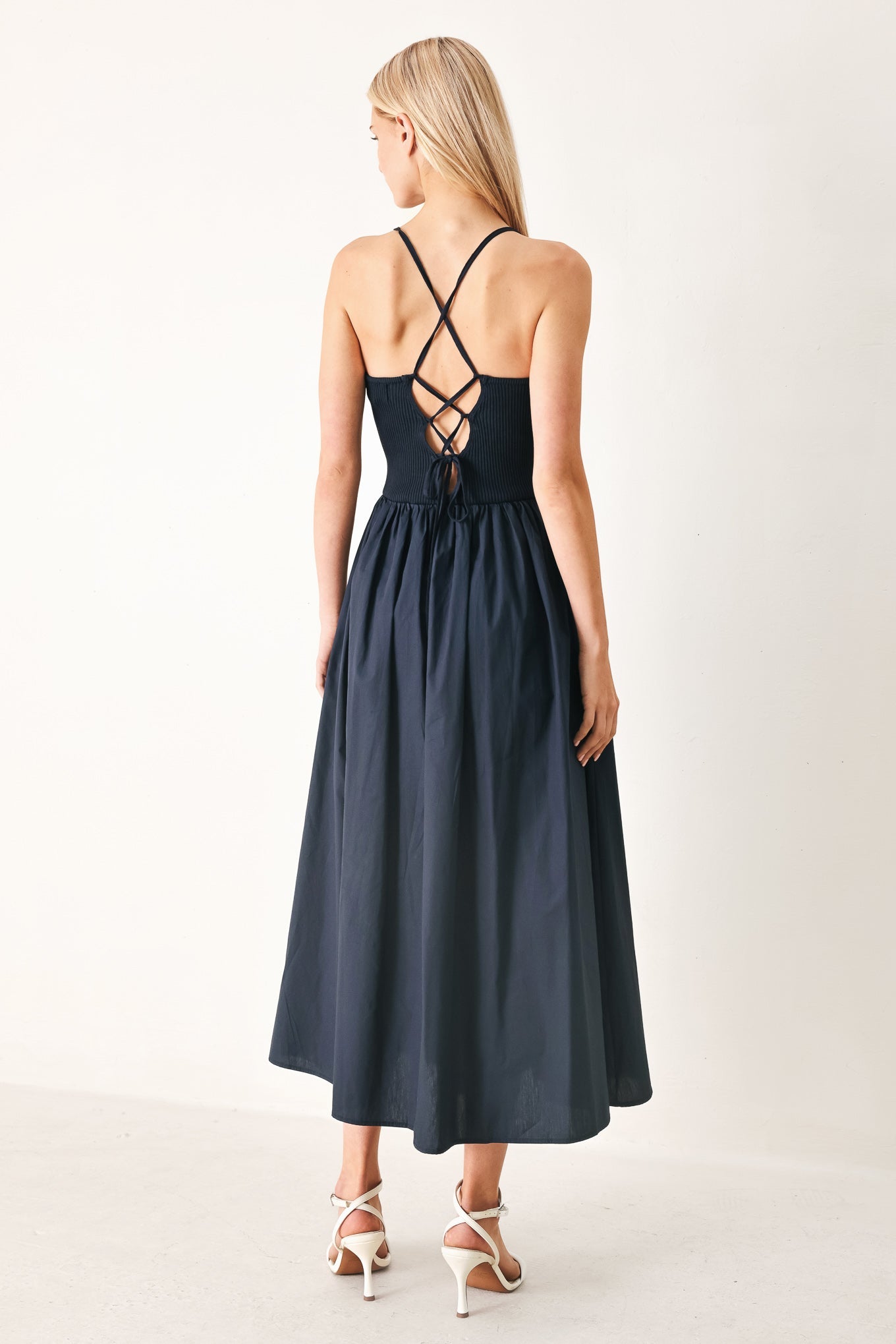 EASY BREEZE NAVY WOVEN MIDI DRESS