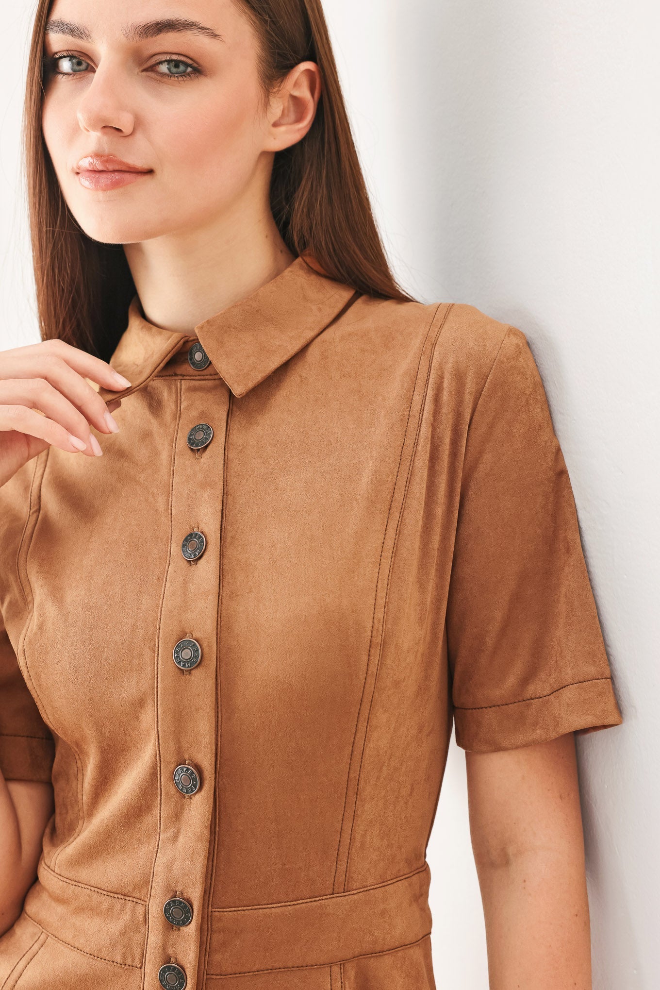 DARLING CAME FAUX SUEDE MIDI SHIRT DRESS