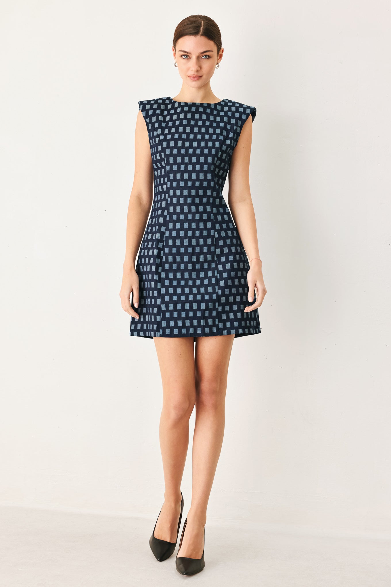 COOL GIRL CHECK JACQUARD DENIM MINI DRESS
